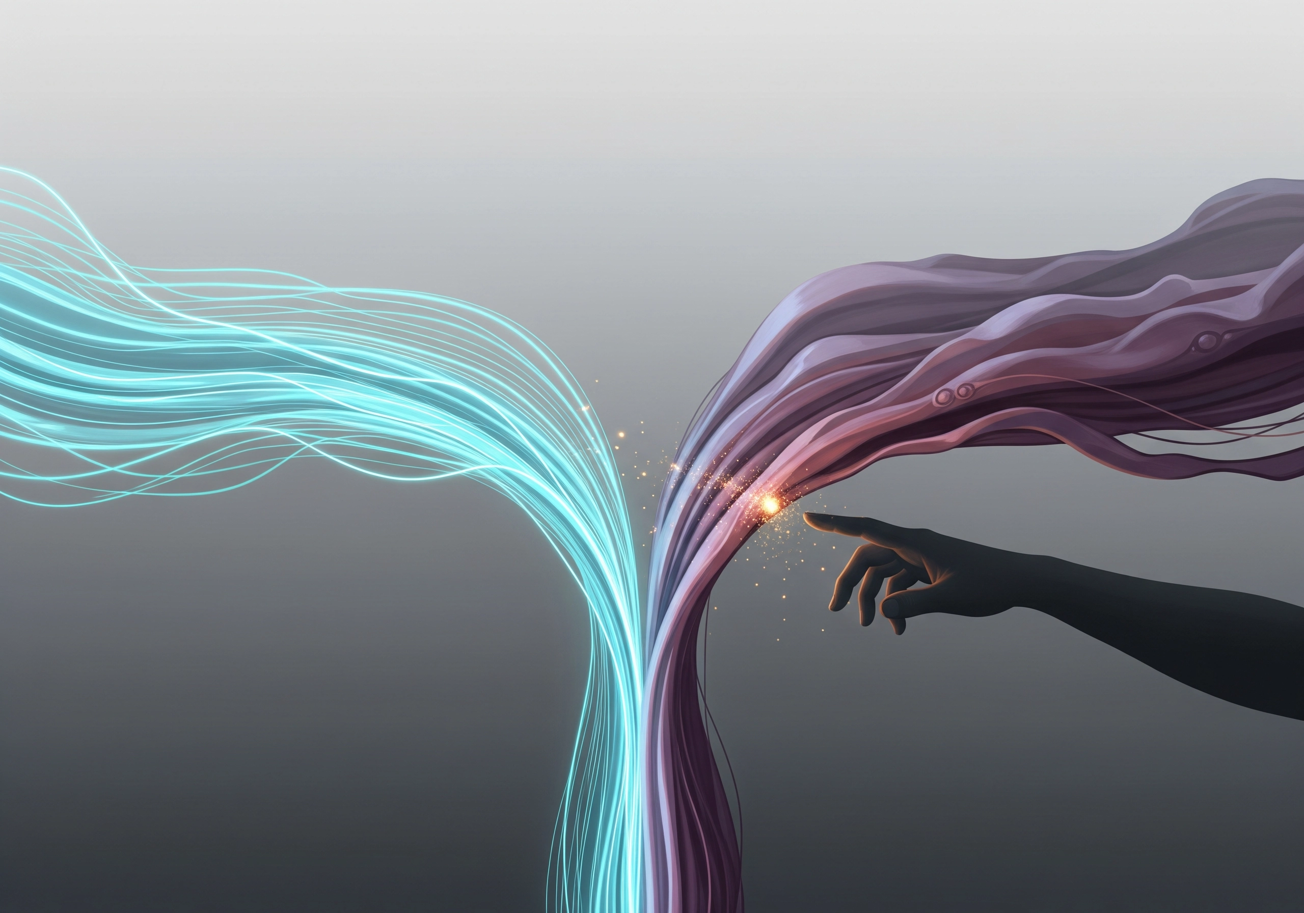 Hand touching streams of blue and purple light, concept for human vs AI writing.