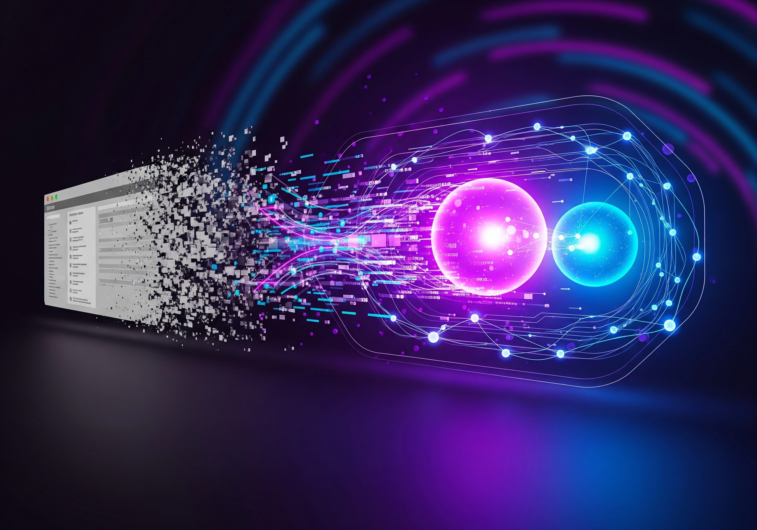 Data flowing from website to glowing orbs, an abstract AI SEO writing tool concept.