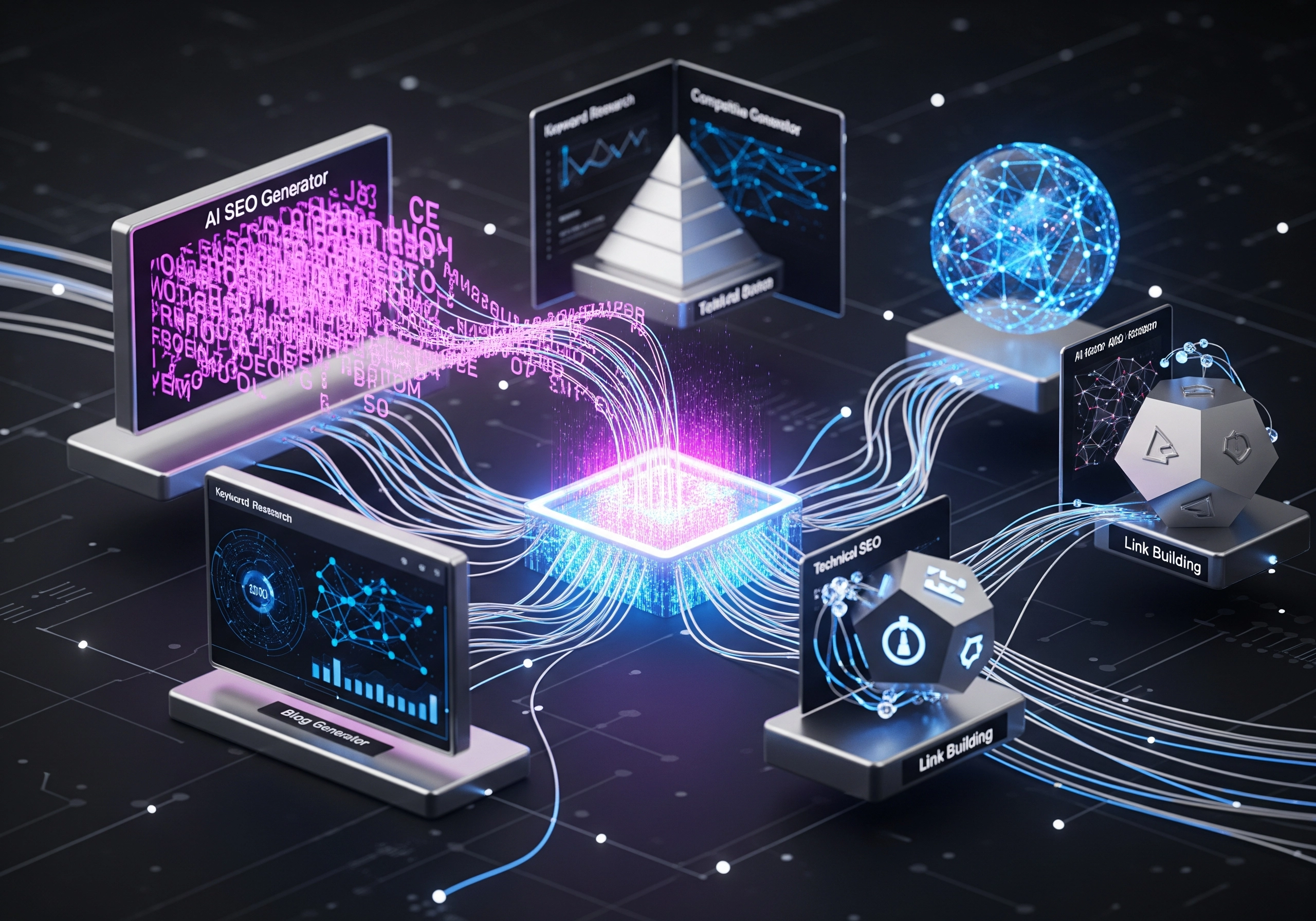 AI SEO tool suite: keyword research, blog generator, link building, and technical SEO.