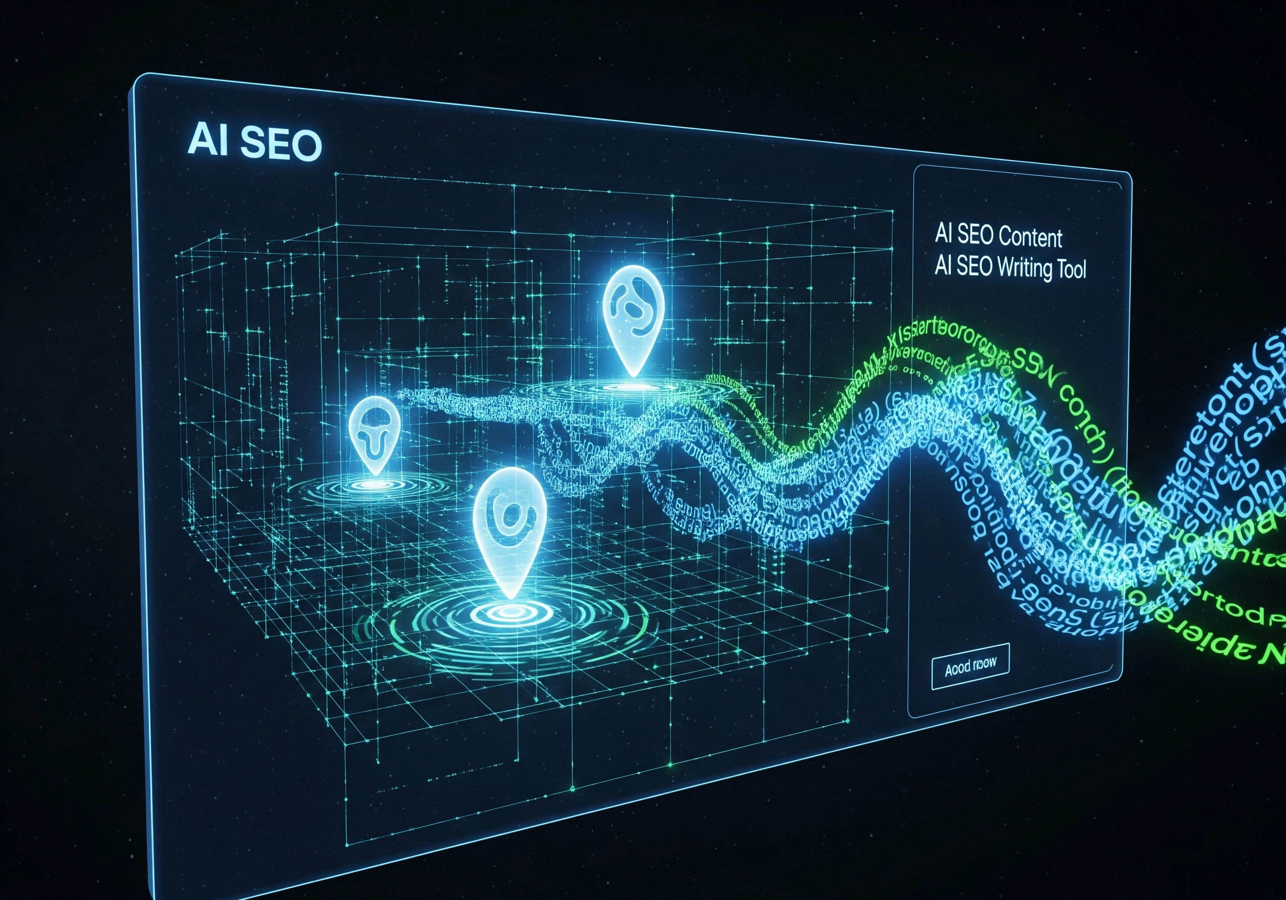 AI SEO content generator interface with 3D map and location pins.