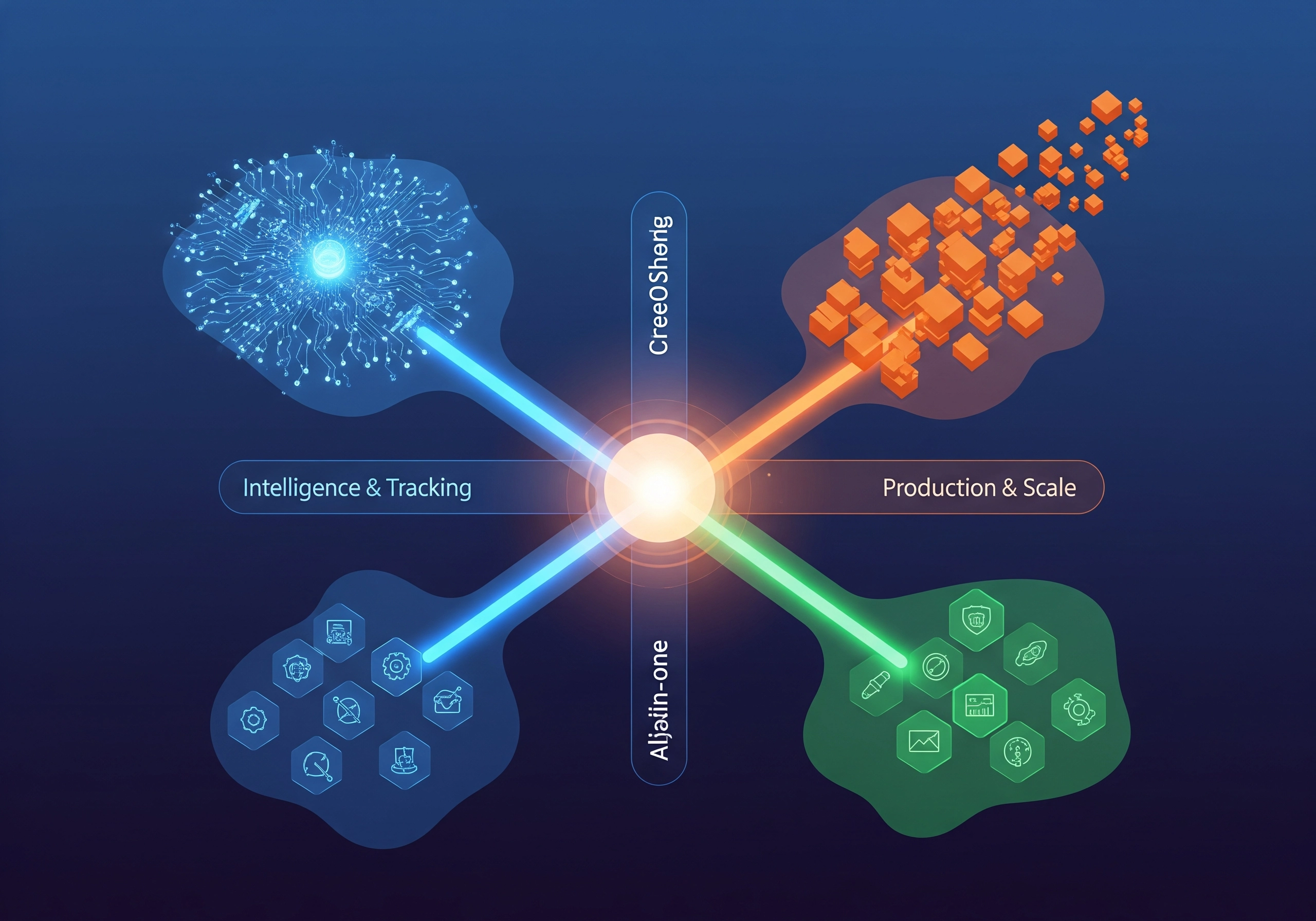 Abstract diagram illustrating intelligence & tracking and production & scale.