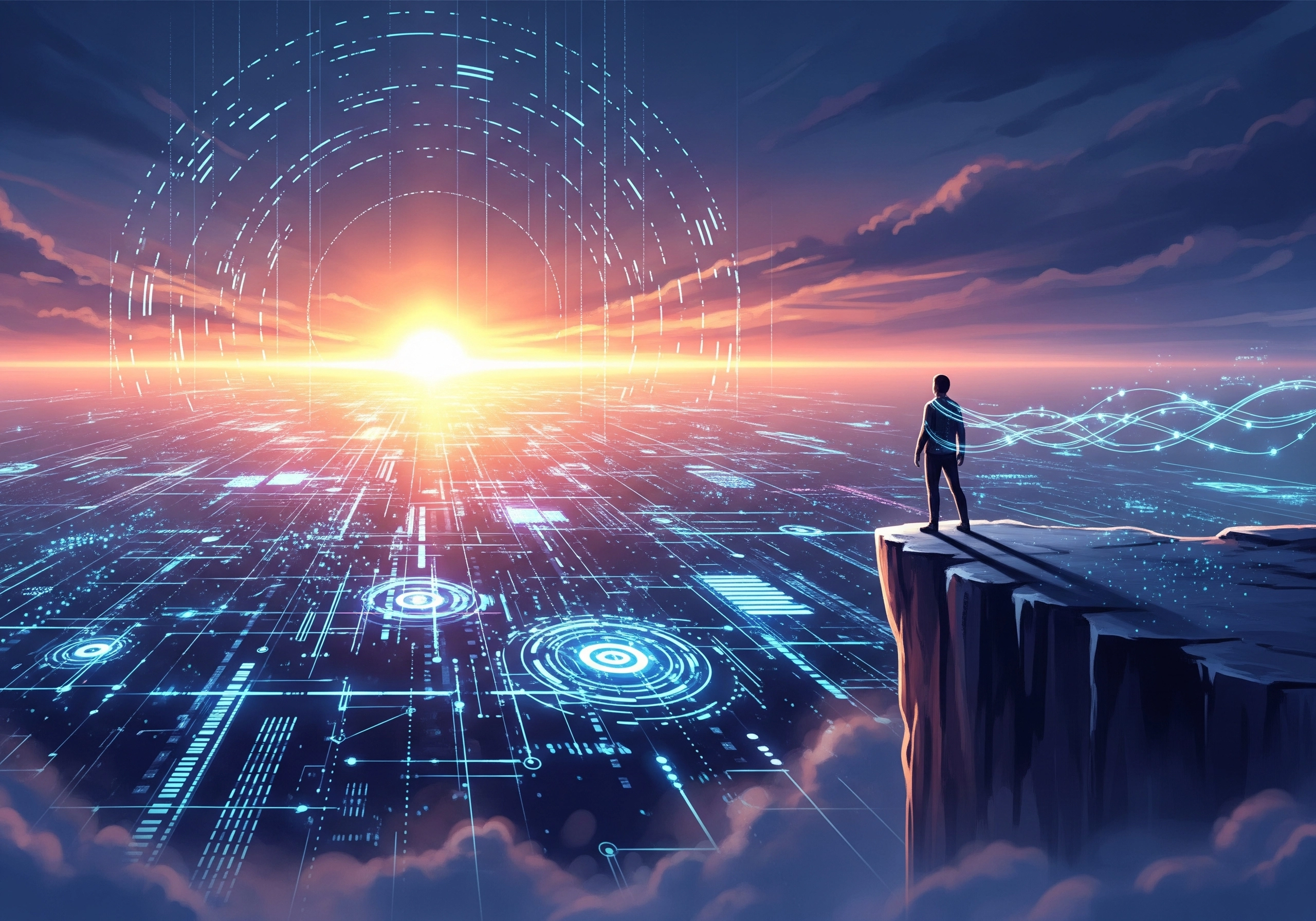 Person standing on cliff overlooking digital landscape at sunset.