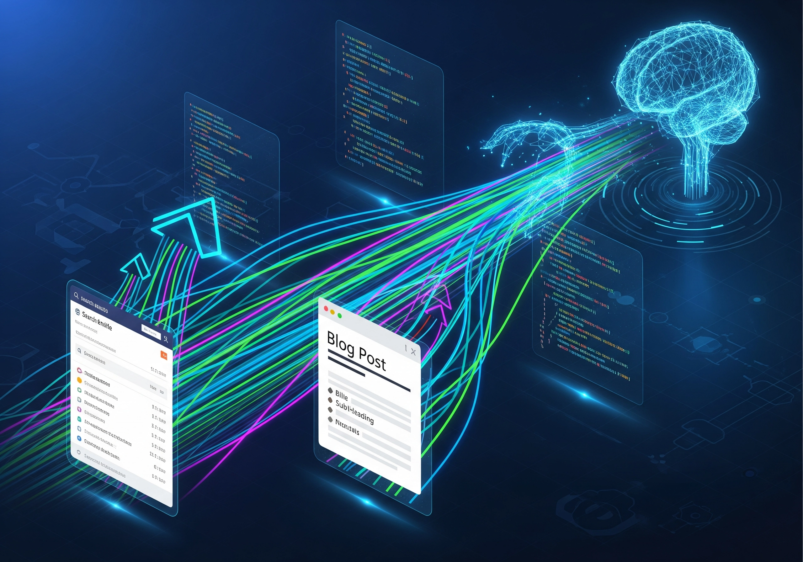 AI writing SEO tool: brain icon connected to blog post and search results.