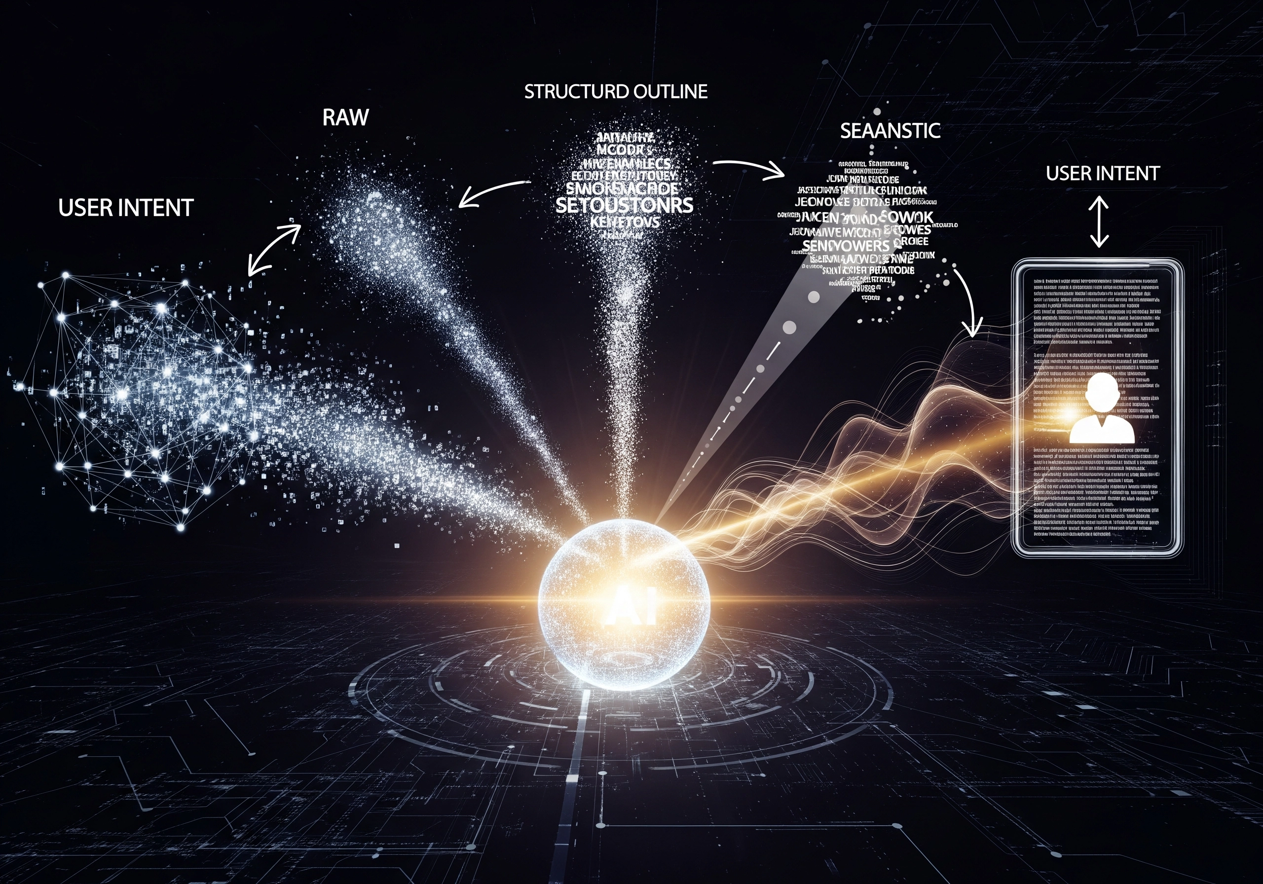 AI SEO content generator flow: user intent to structured outline to semantic AI.