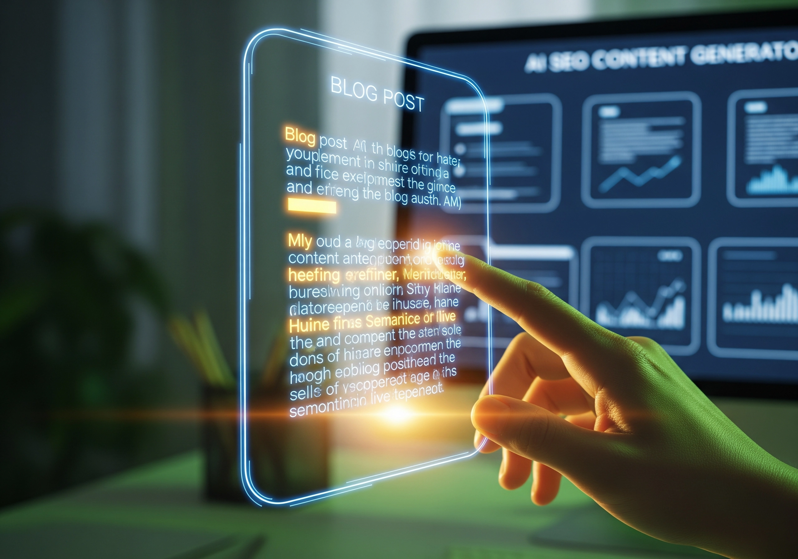 Hand interacting with AI SEO content generator blog post on a screen.