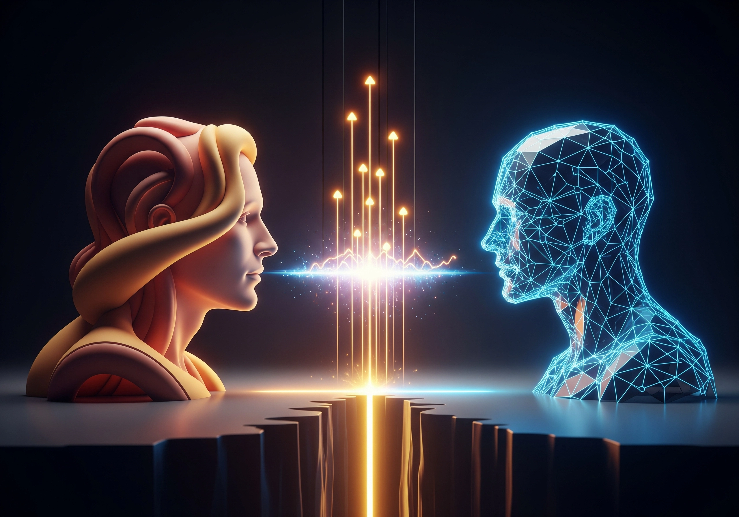 Abstract human and AI heads facing each other, representing the debate of human vs. AI SEO content.