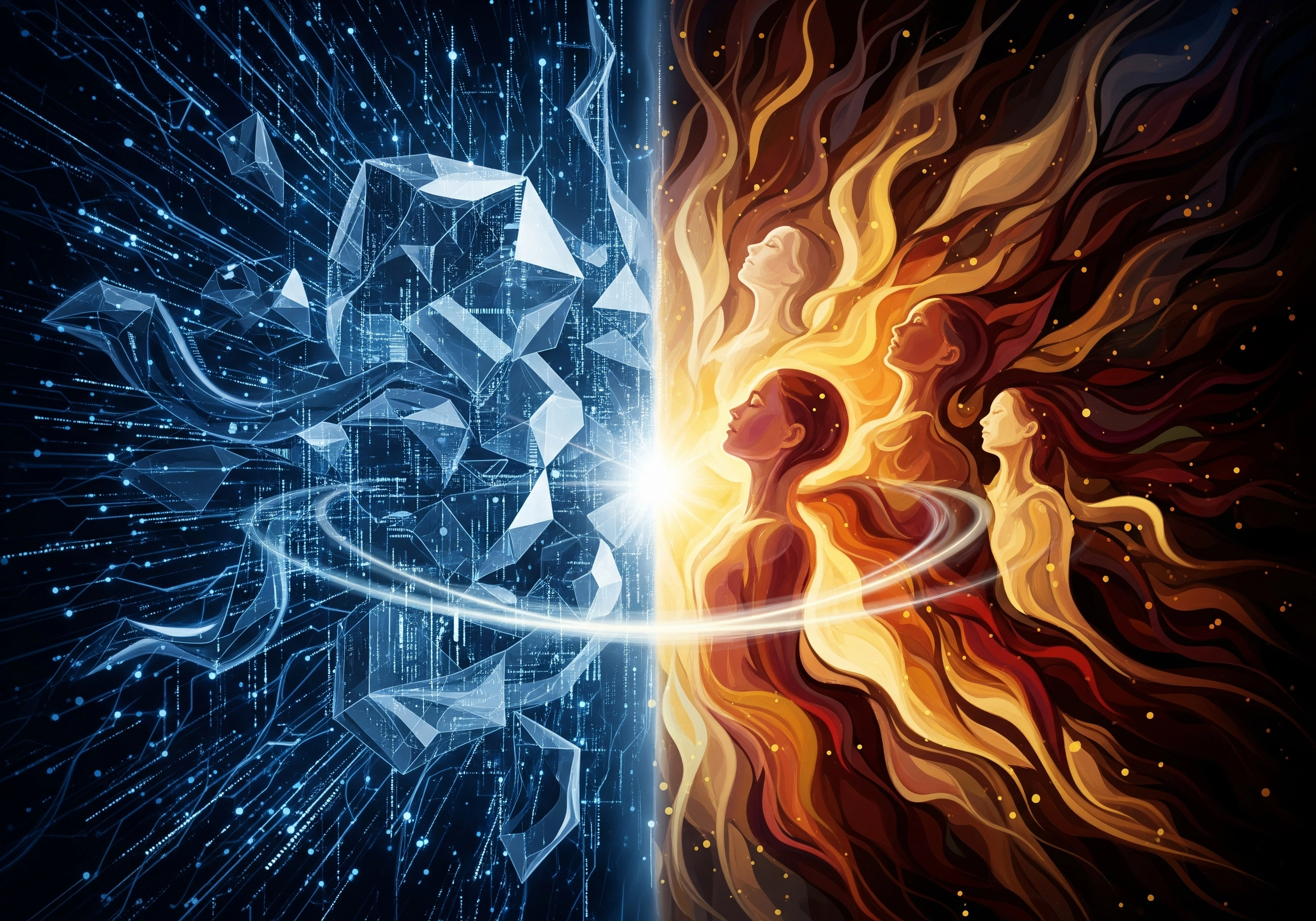 Abstract illustration of AI versus human with binary code and human figures in warm tones.