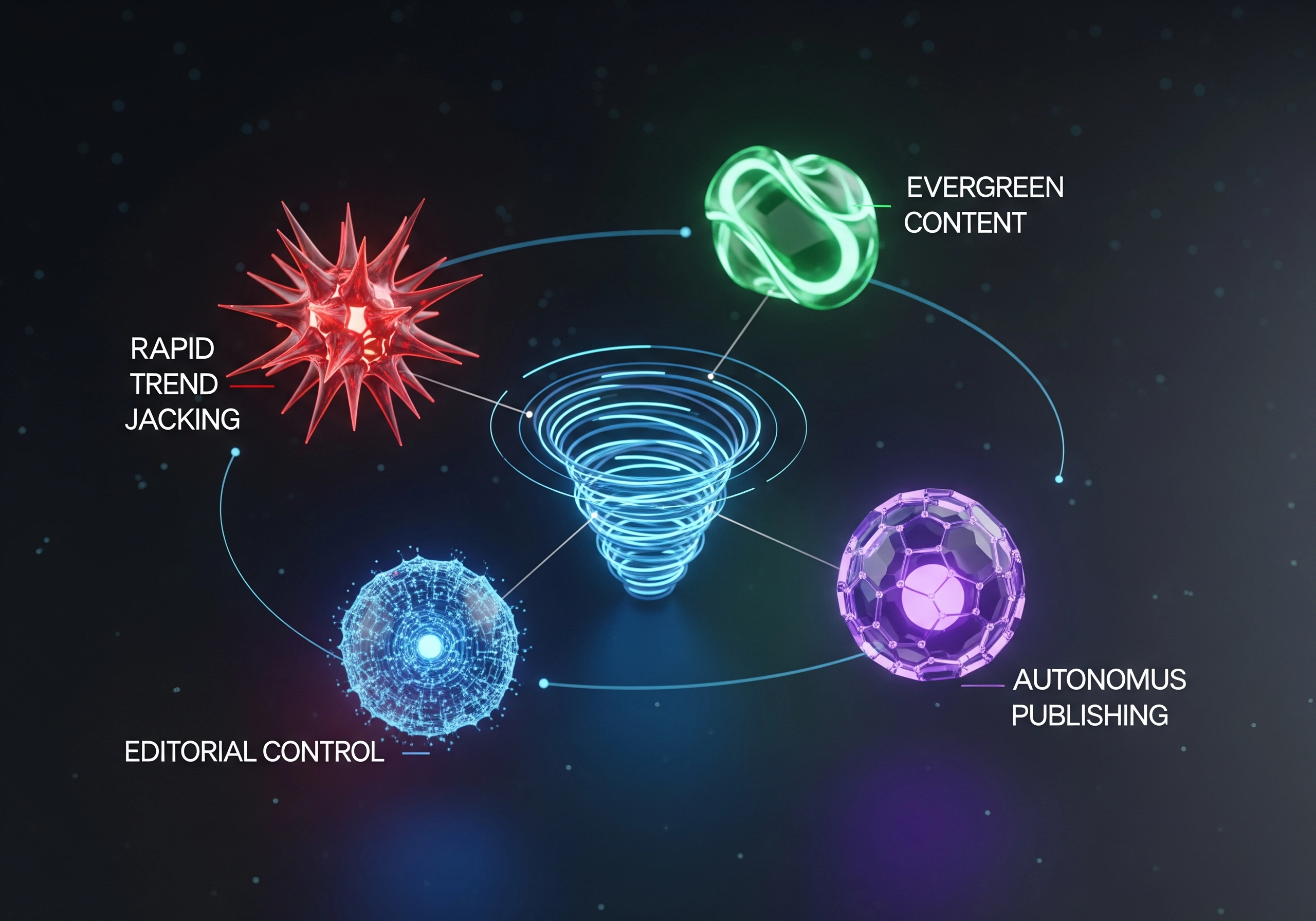 Abstract illustration of content types: trend jacking, evergreen, editorial control, and autonomous publishing.