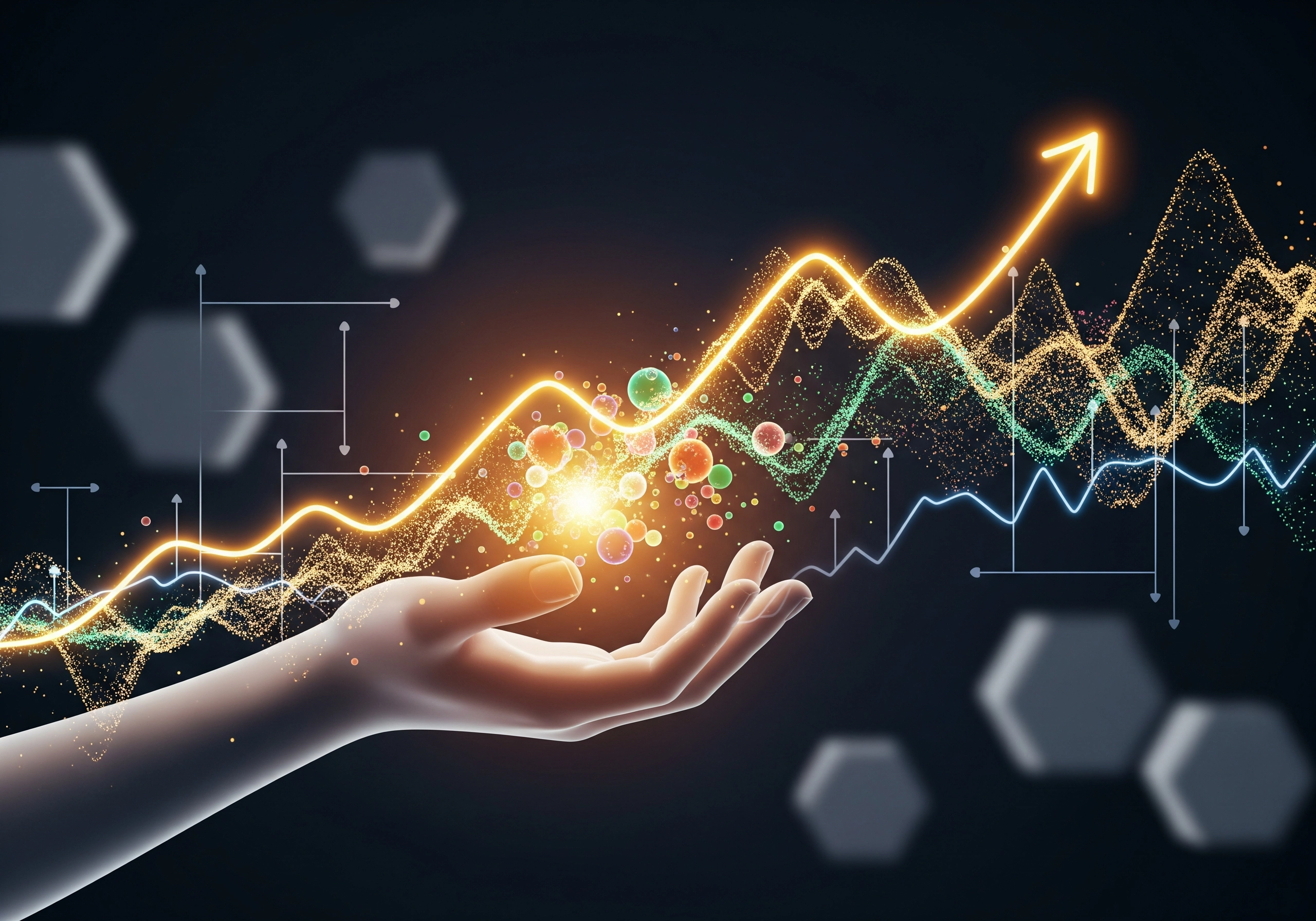 Hand holding glowing graph with upward trending arrow, illustrating SEO growth and sales.