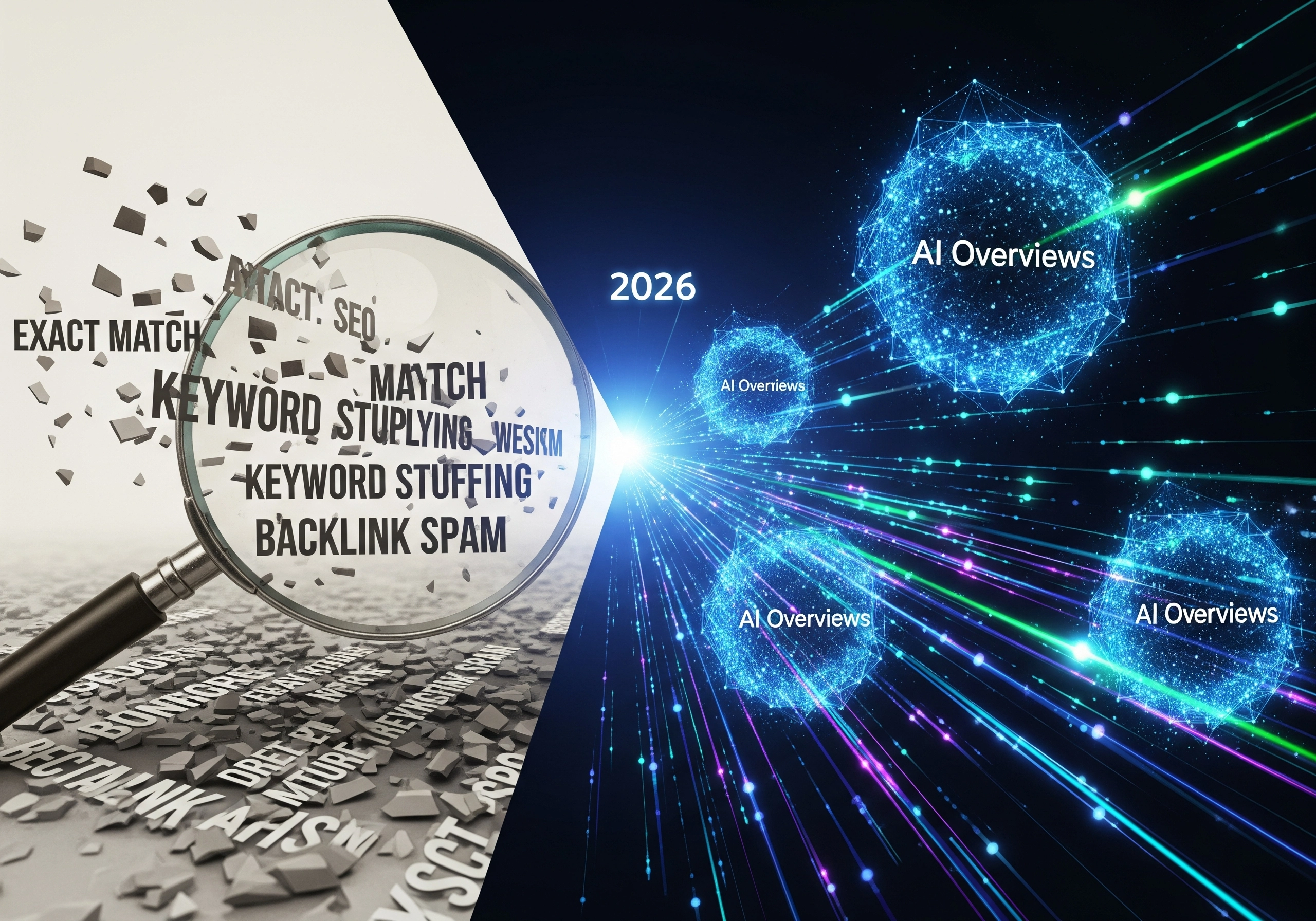Magnifying glass over SEO keywords and AI Overviews for an AI SEO Tools blog.