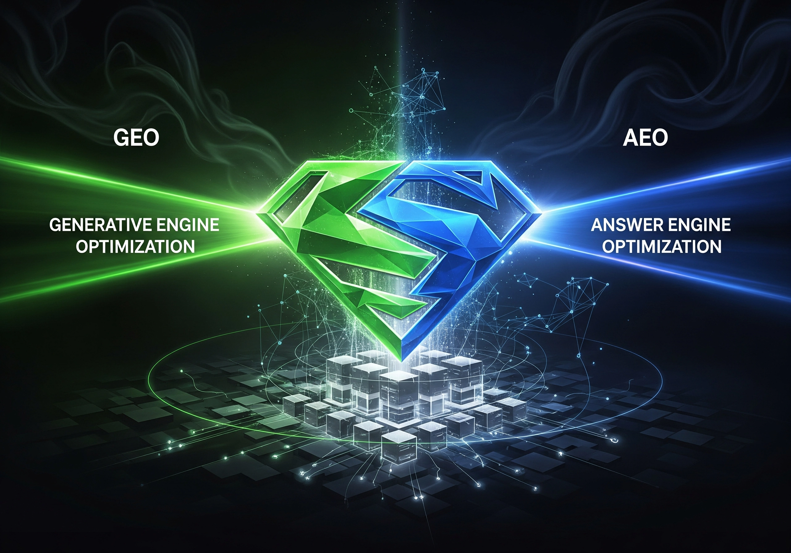 GEO Generative Engine Optimization and AEO Answer Engine Optimization concept graphic.