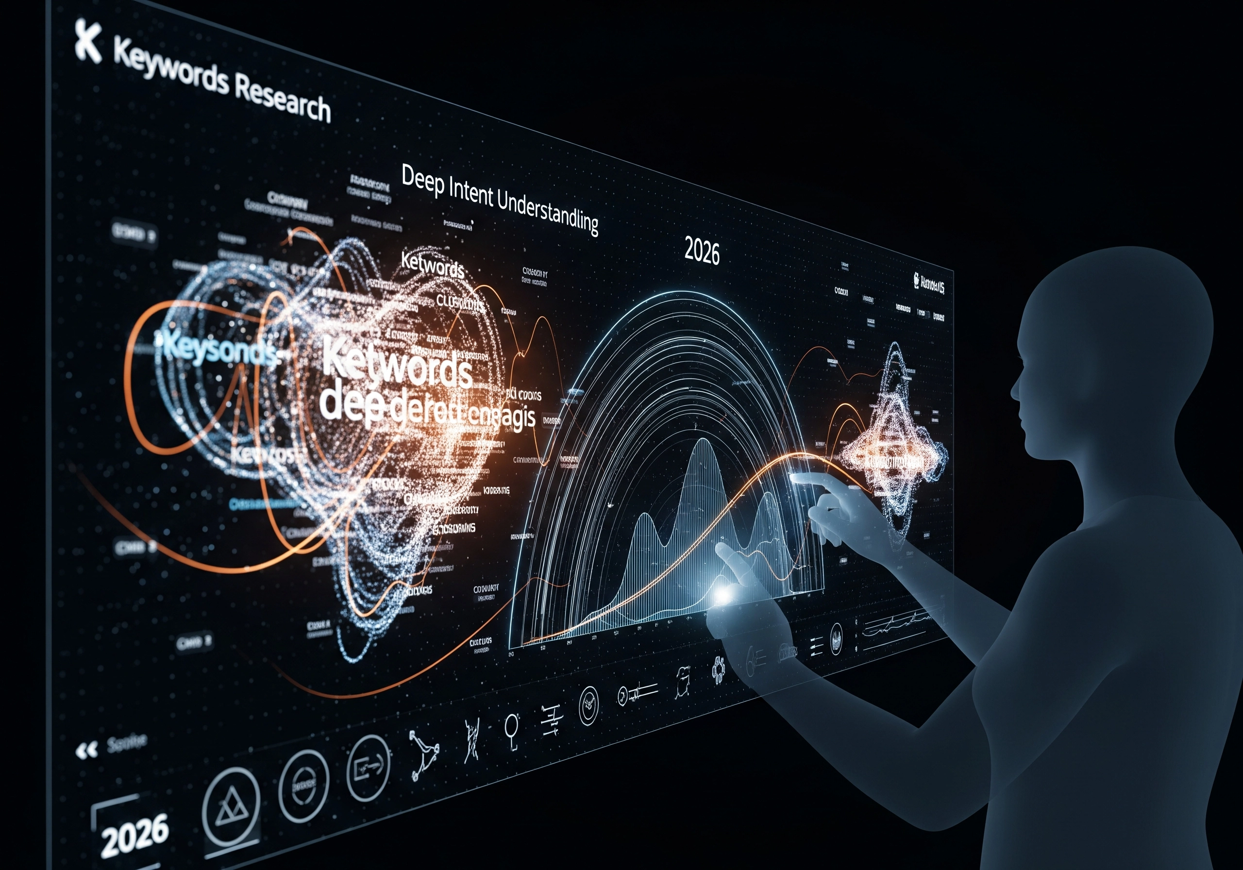 Person using AI SEO tool interface for keyword research and intent understanding.