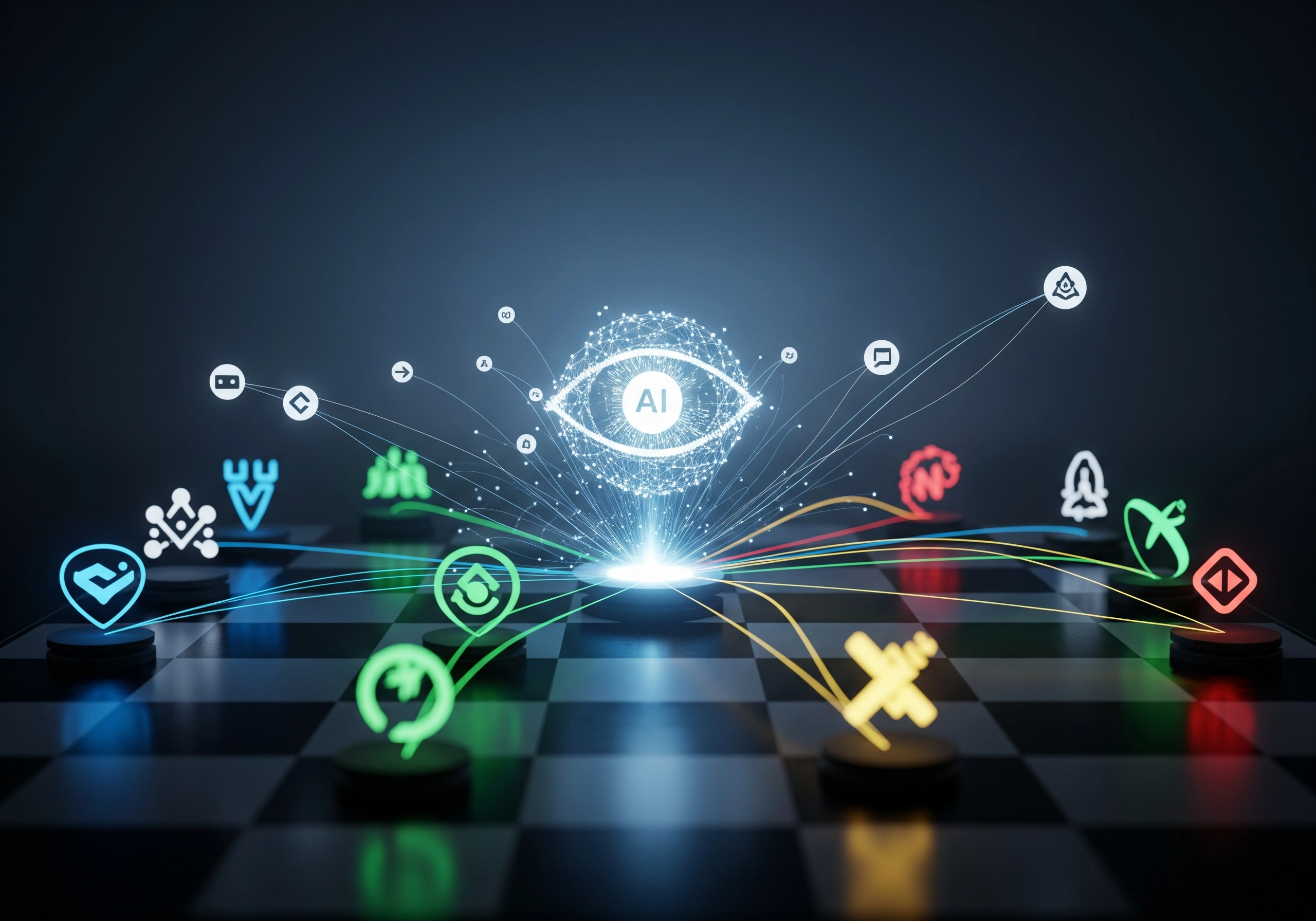 AI eye icon on a chessboard, representing AI SEO tools and strategic search ranking.