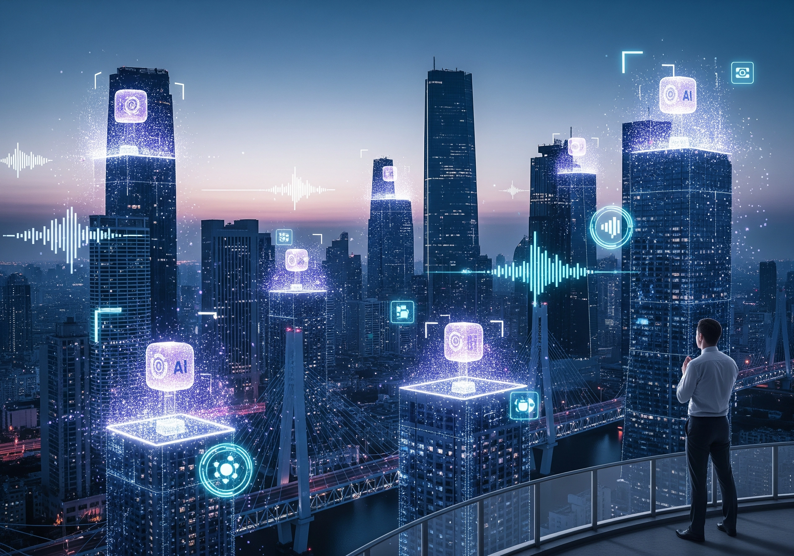 Man overlooking city skyline with AI icons, symbolizing the impact of AI SEO tools.
