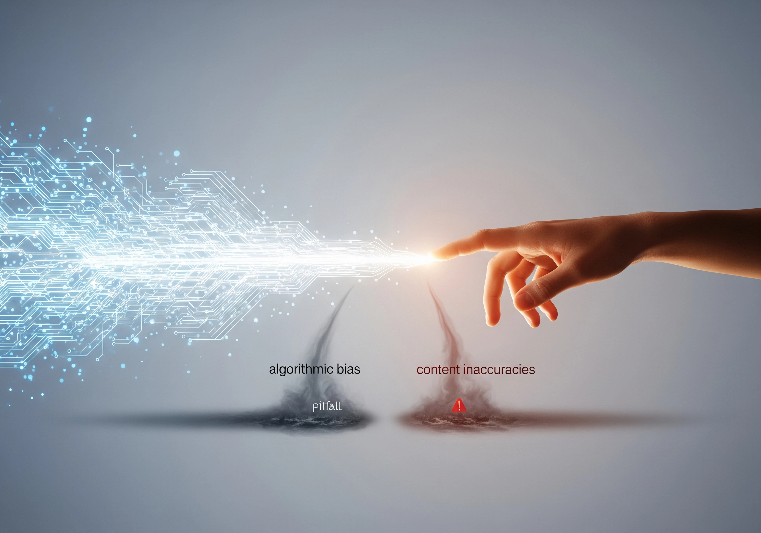 Hand touching a circuit board, highlighting pitfalls of AI SEO: algorithmic bias and content inaccuracies.