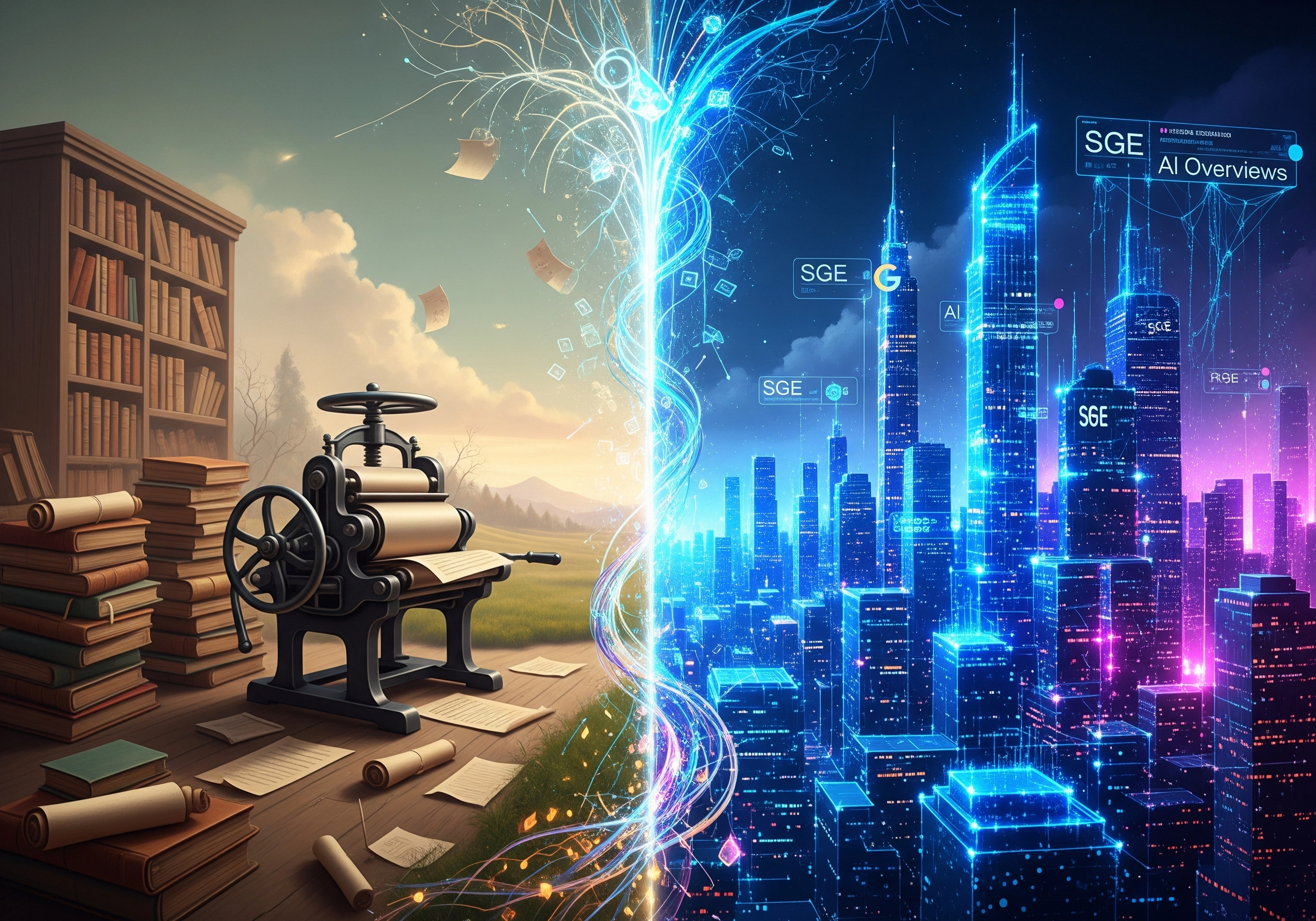 Conceptual art showing the evolution from traditional printing to AI SEO, with an SGE city.