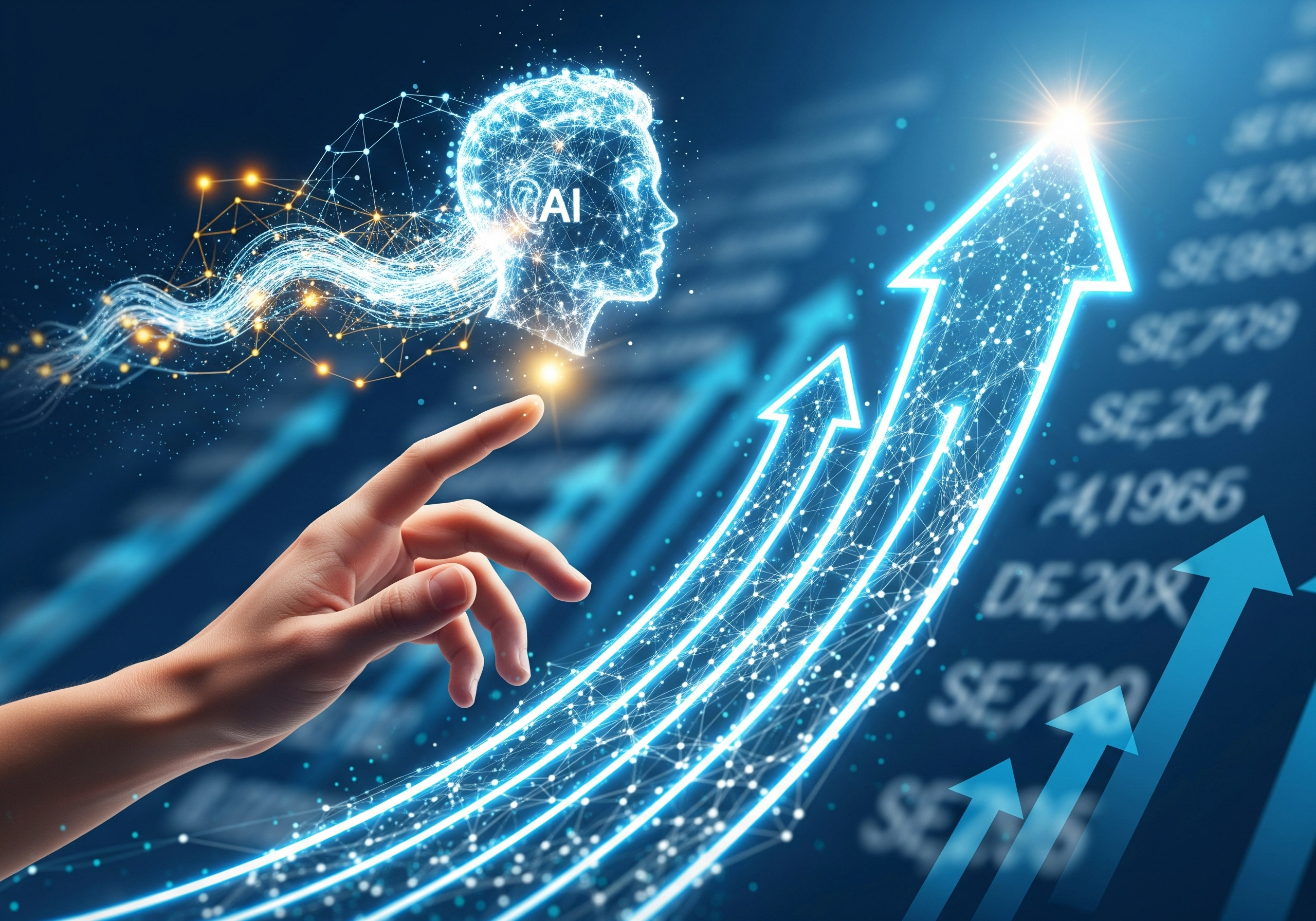 AI brain profile with rising arrow charts symbolizing growth in Google Rankings.
