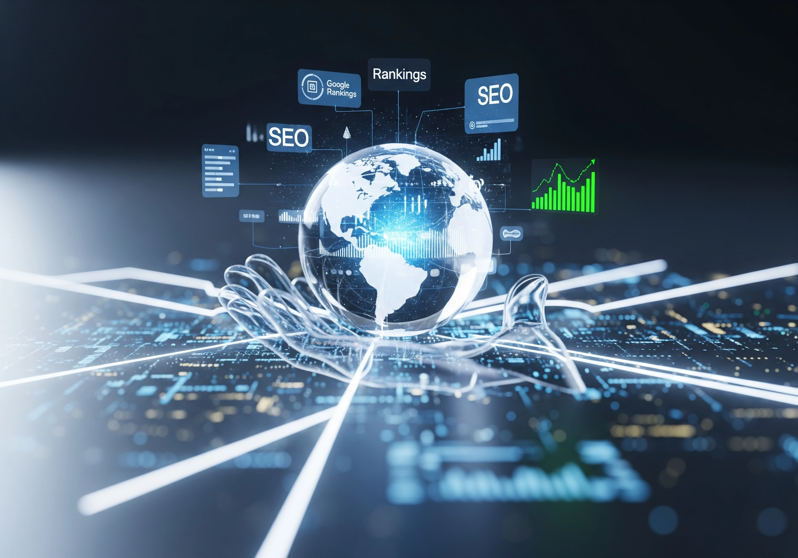 Hands holding a globe with SEO and Google Rankings data visualizations overlaid.