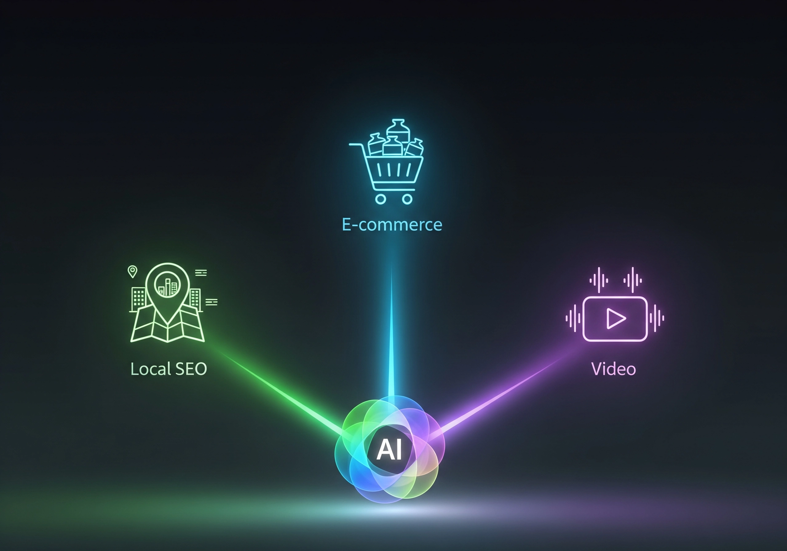 AI connecting to e-commerce, Local SEO, and video marketing channels.