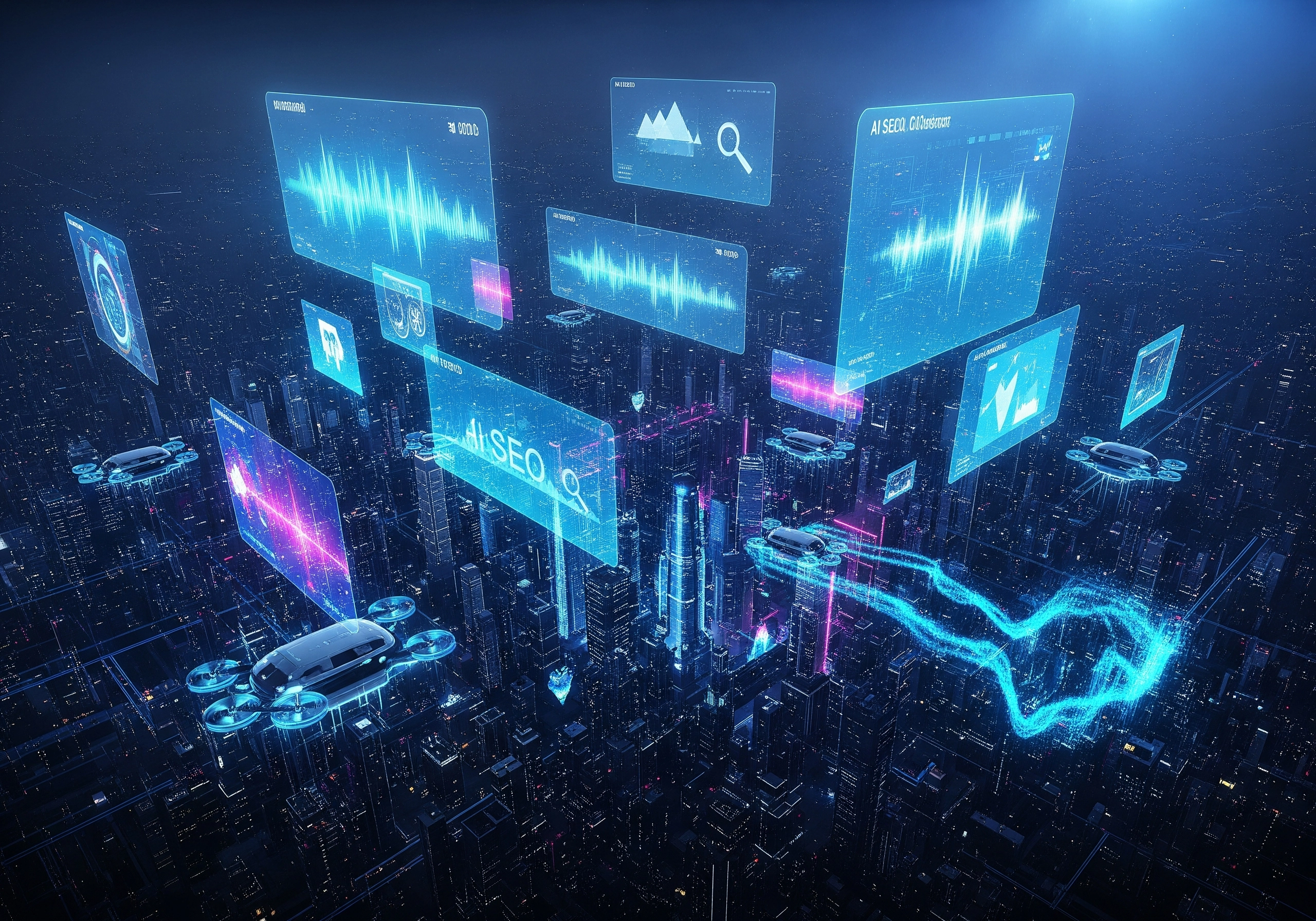 AI SEO tool analyzing data over a futuristic cityscape with flying drones.