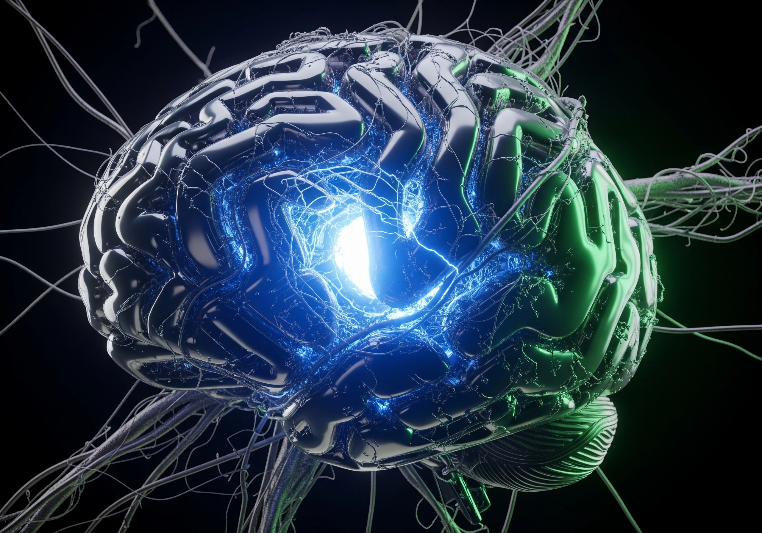 3D rendering of a metallic brain with glowing blue energy.