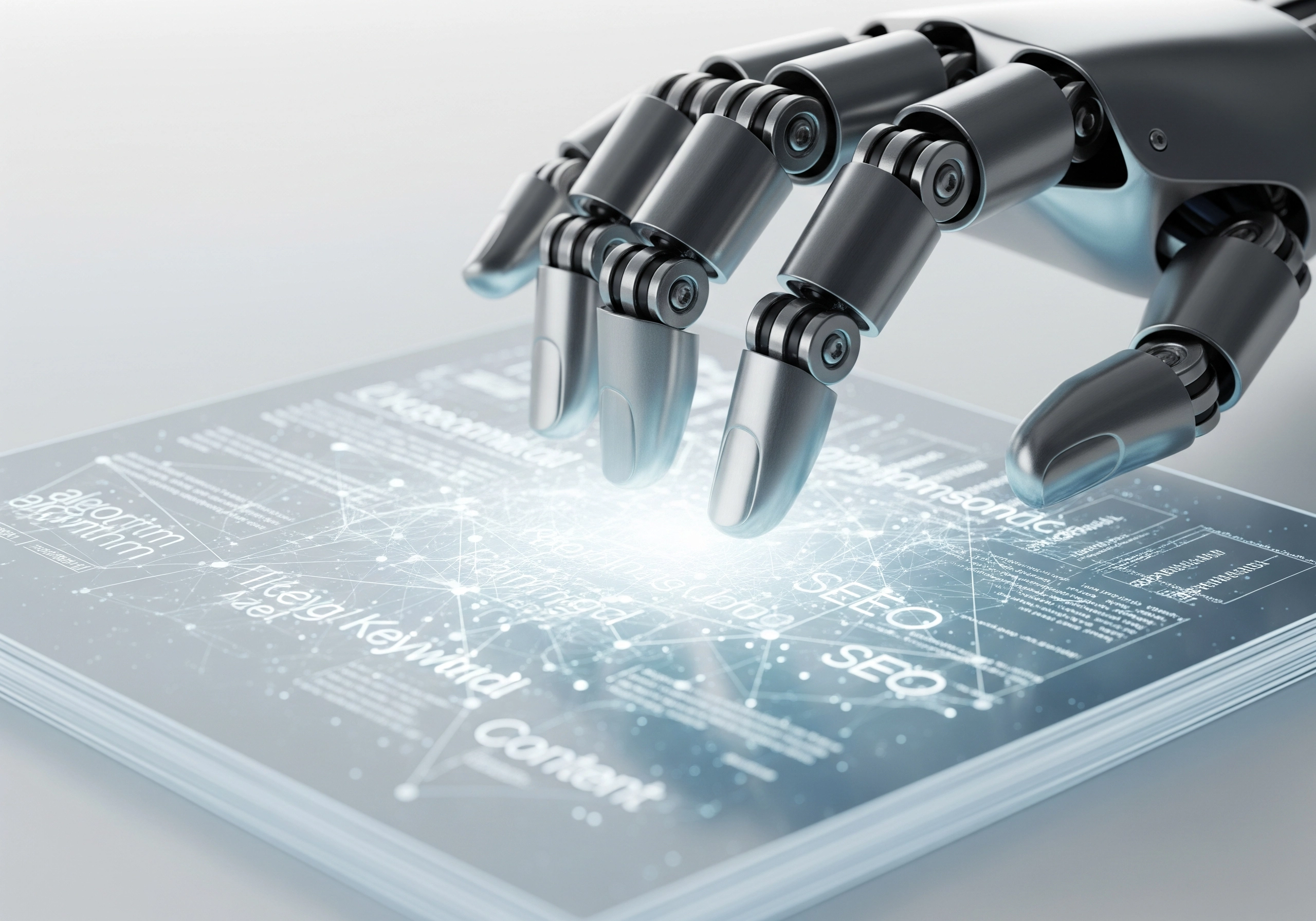 Robot hand touching digital tablet with SEO data, representing AI seo tools.