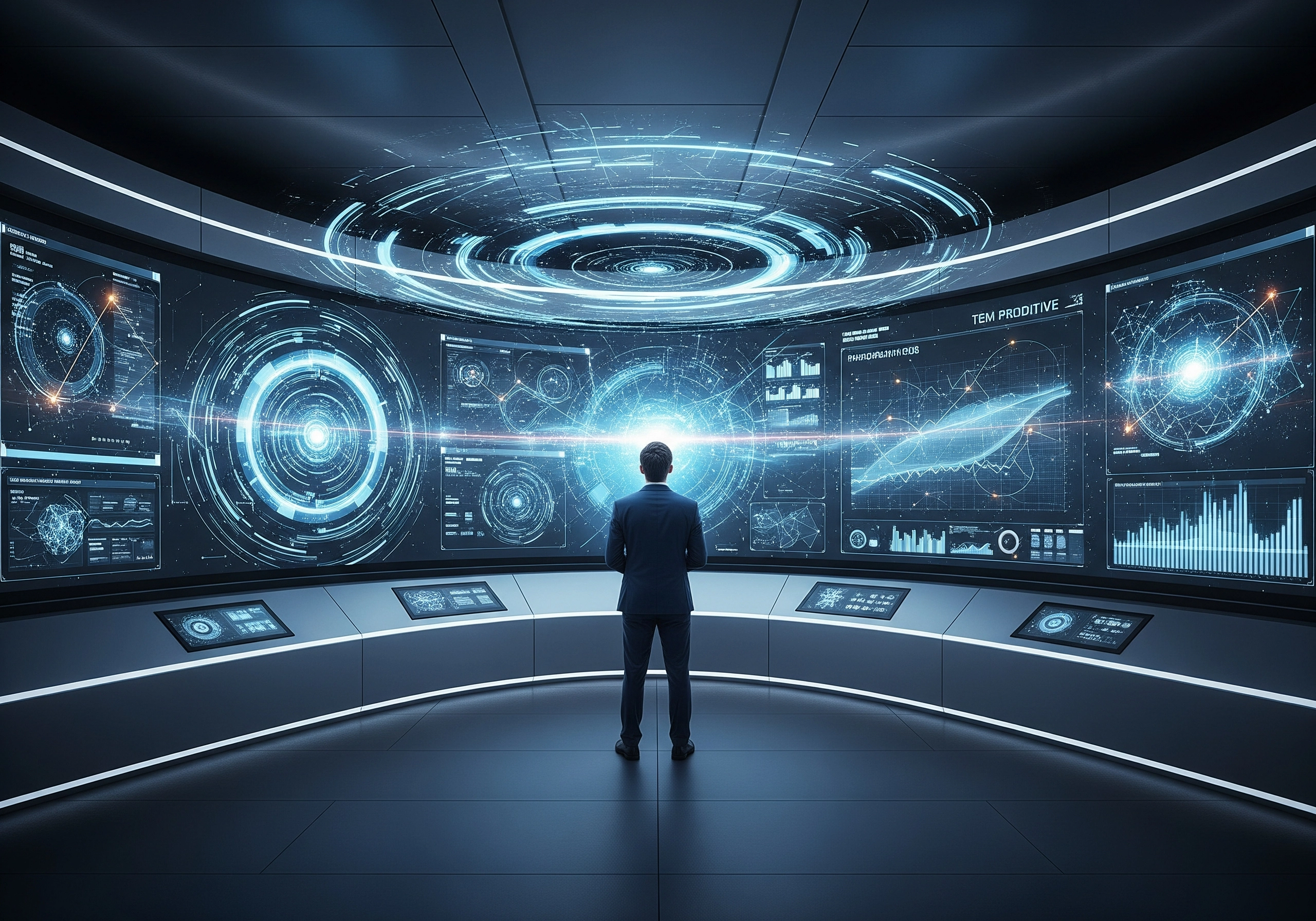 Man in suit views large data analytics display, showcasing complex information.