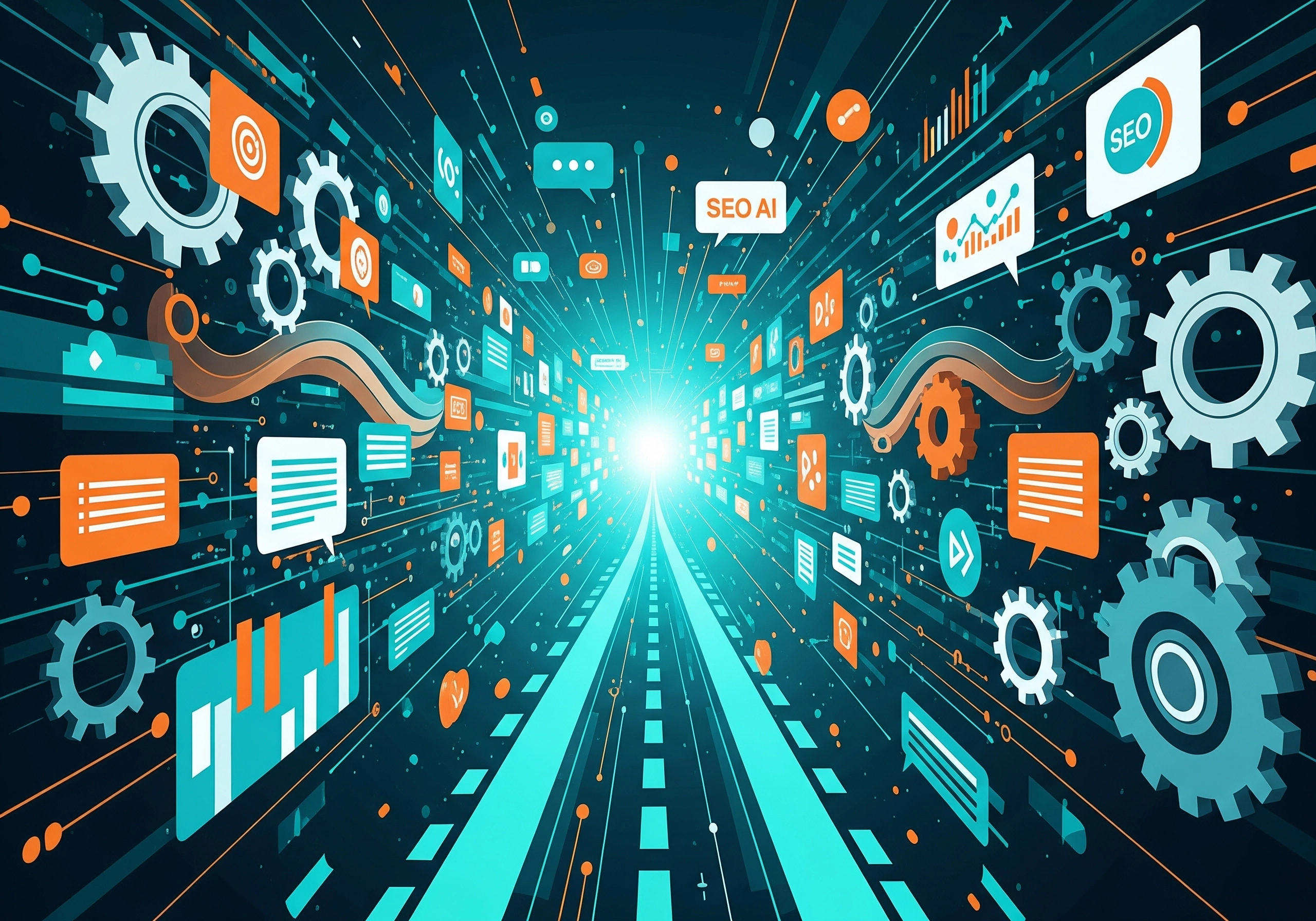 Abstract design with gears and charts representing SEO AI tools.