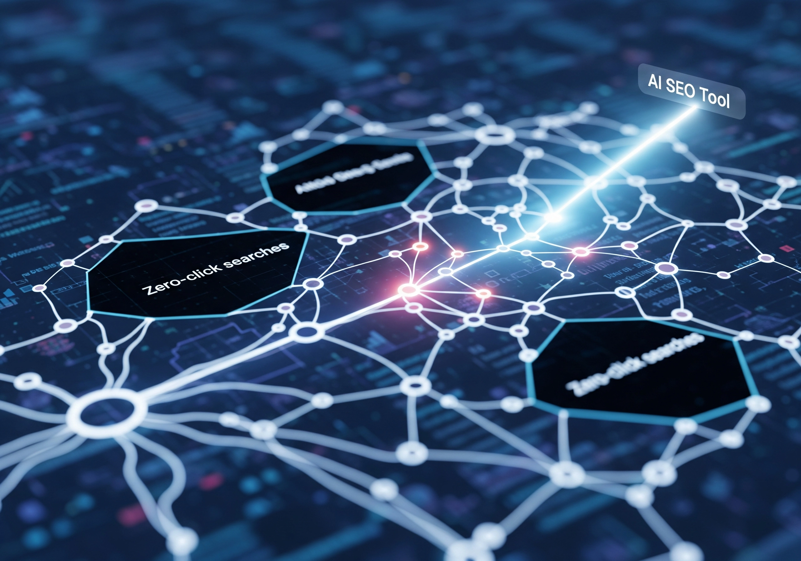AI SEO tool network diagram highlighting zero-click searches and related data.