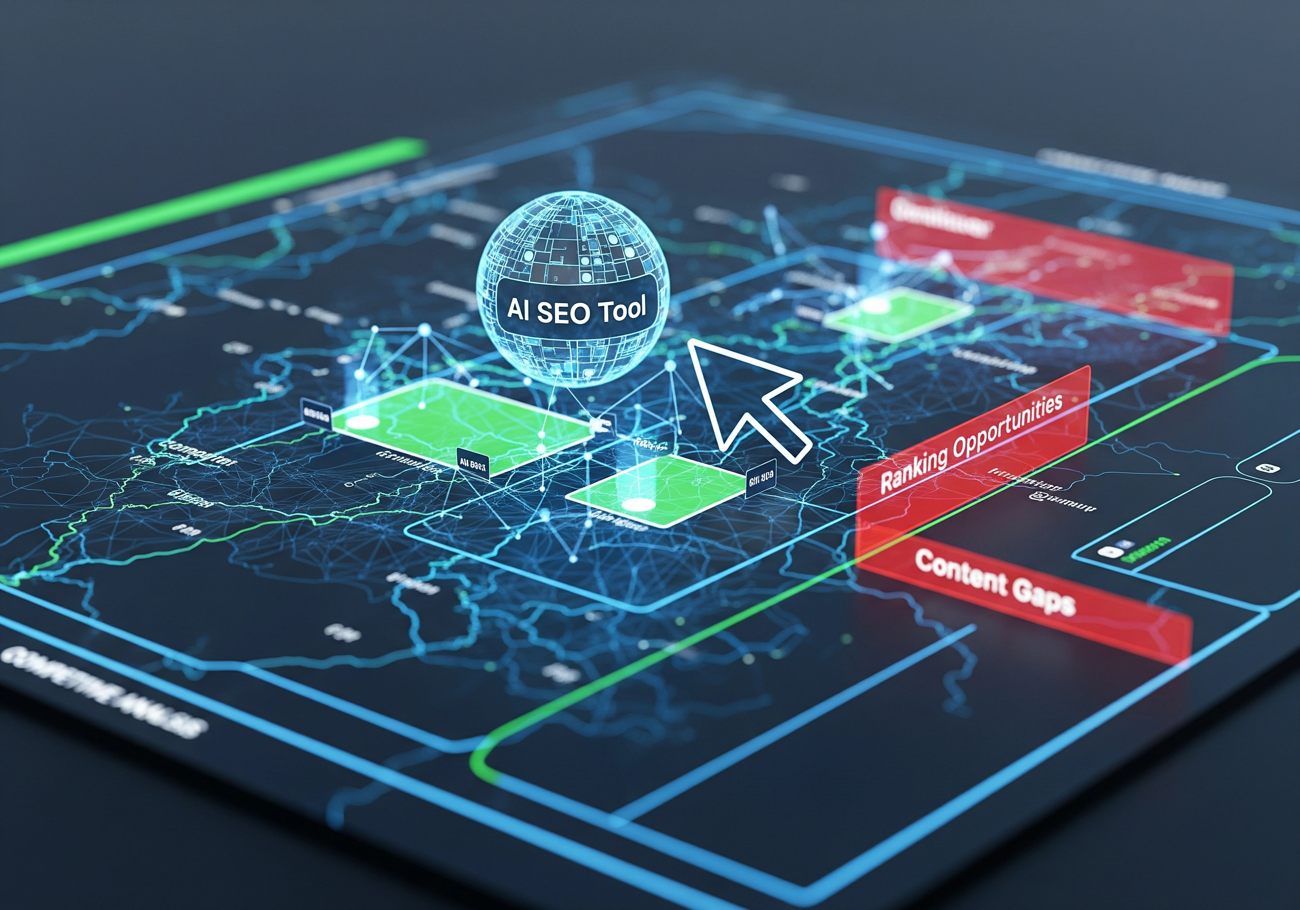 AI SEO tool interface showing ranking opportunities and content gaps on a map.