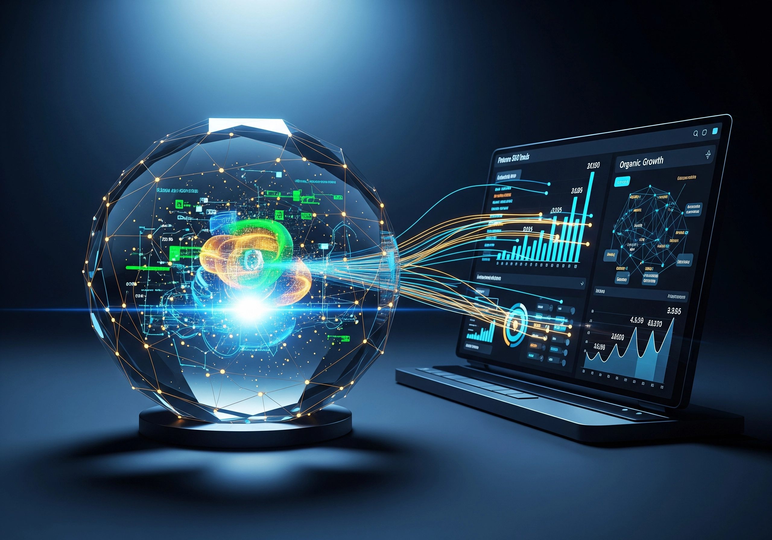 Laptop displaying organic growth data connected to a crystal ball of data analytics, representing AI SEO tools.