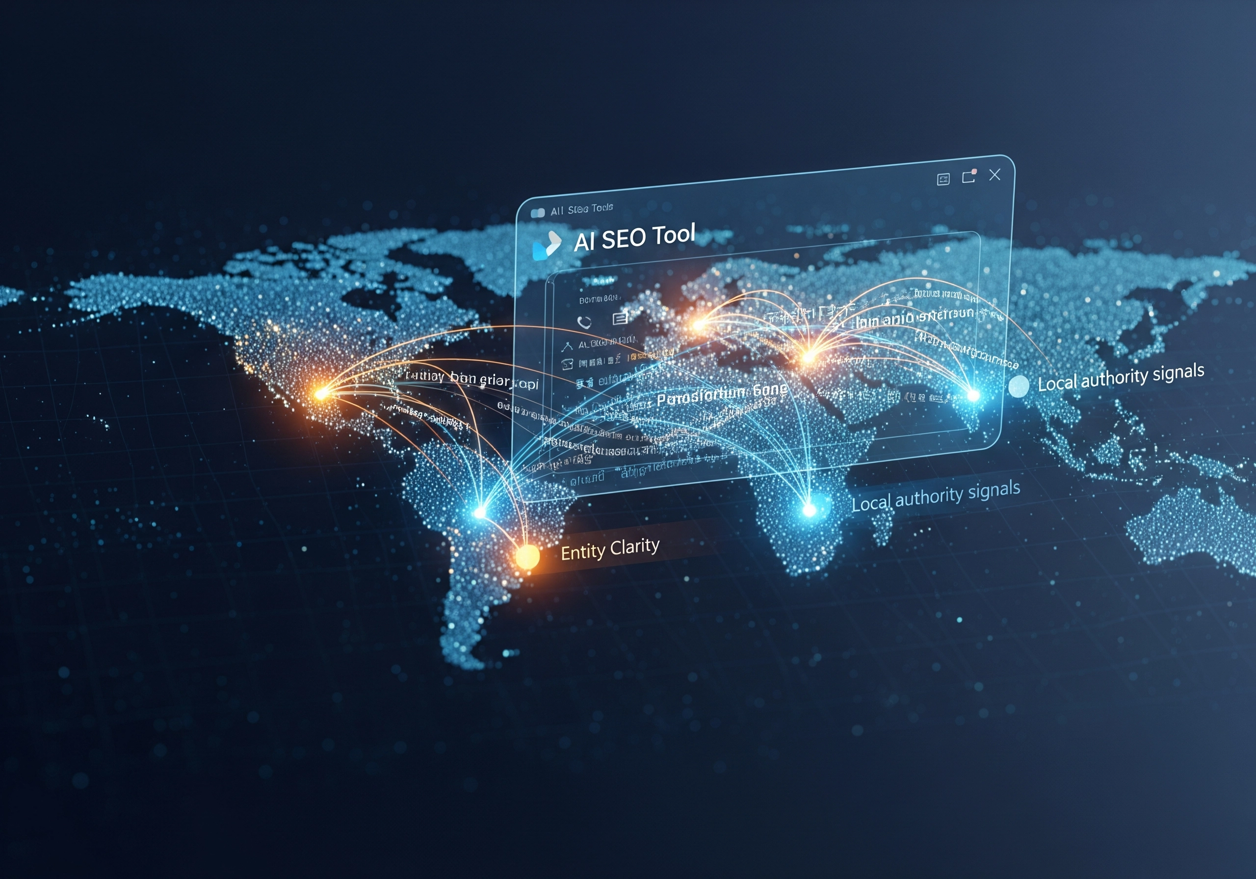 AI SEO tool interface showing global data connections, highlighting local authority signals and entity clarity.