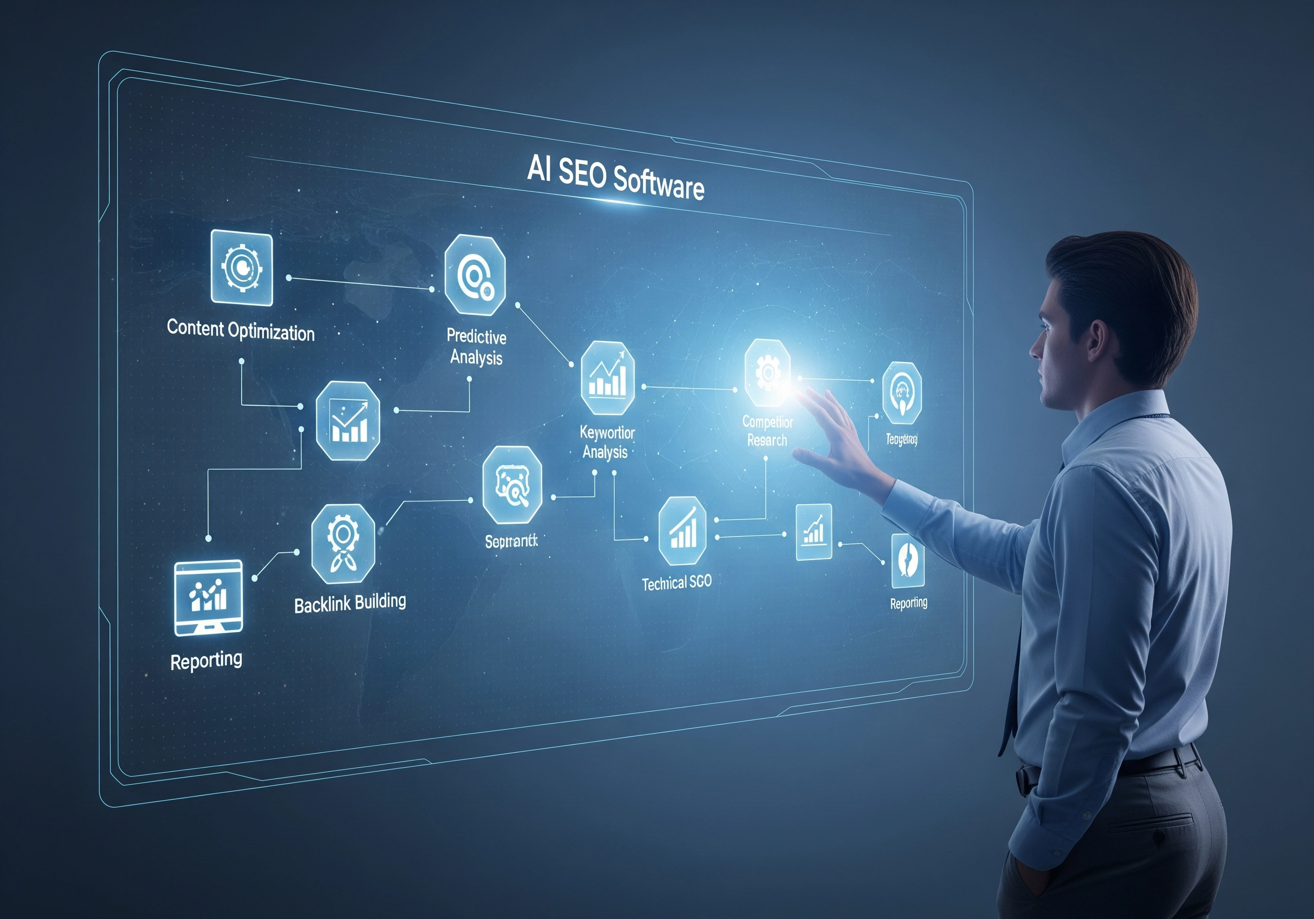 Man interacting with AI SEO software interface showing content optimization, keyword analysis, and reporting features.