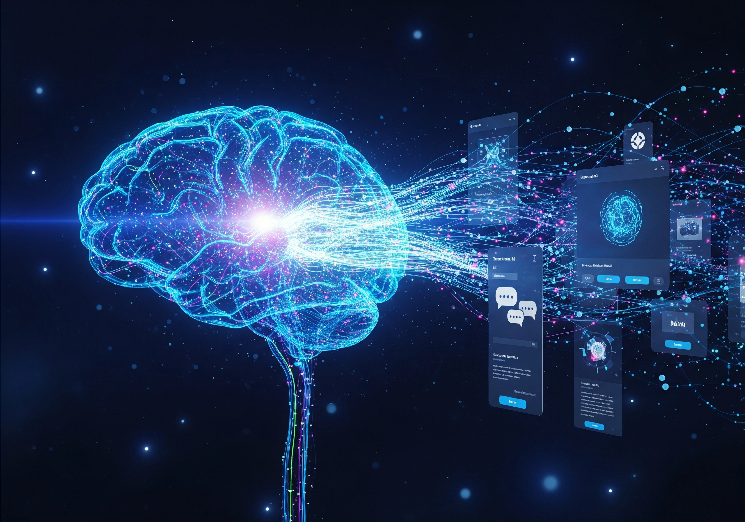 Digital brain with data streams, representing AI SEO tools and data analysis.
