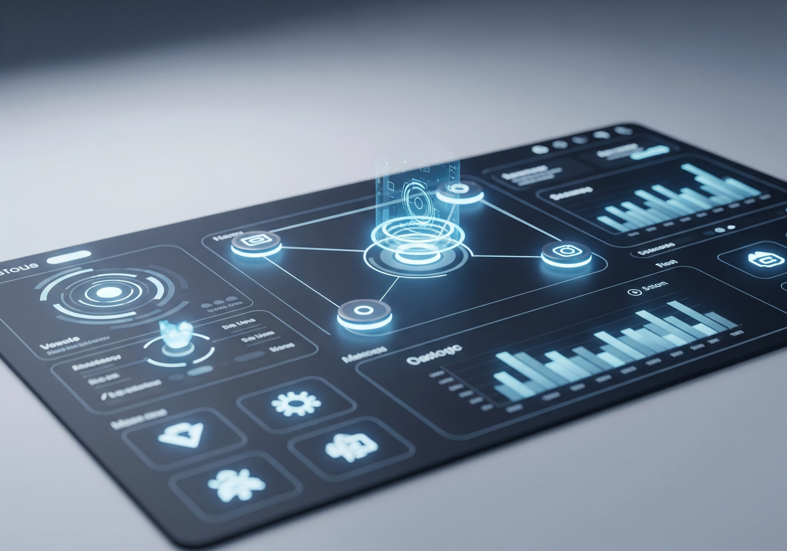 Futuristic interface with charts and graphs, showcasing an AI SEO tool dashboard.