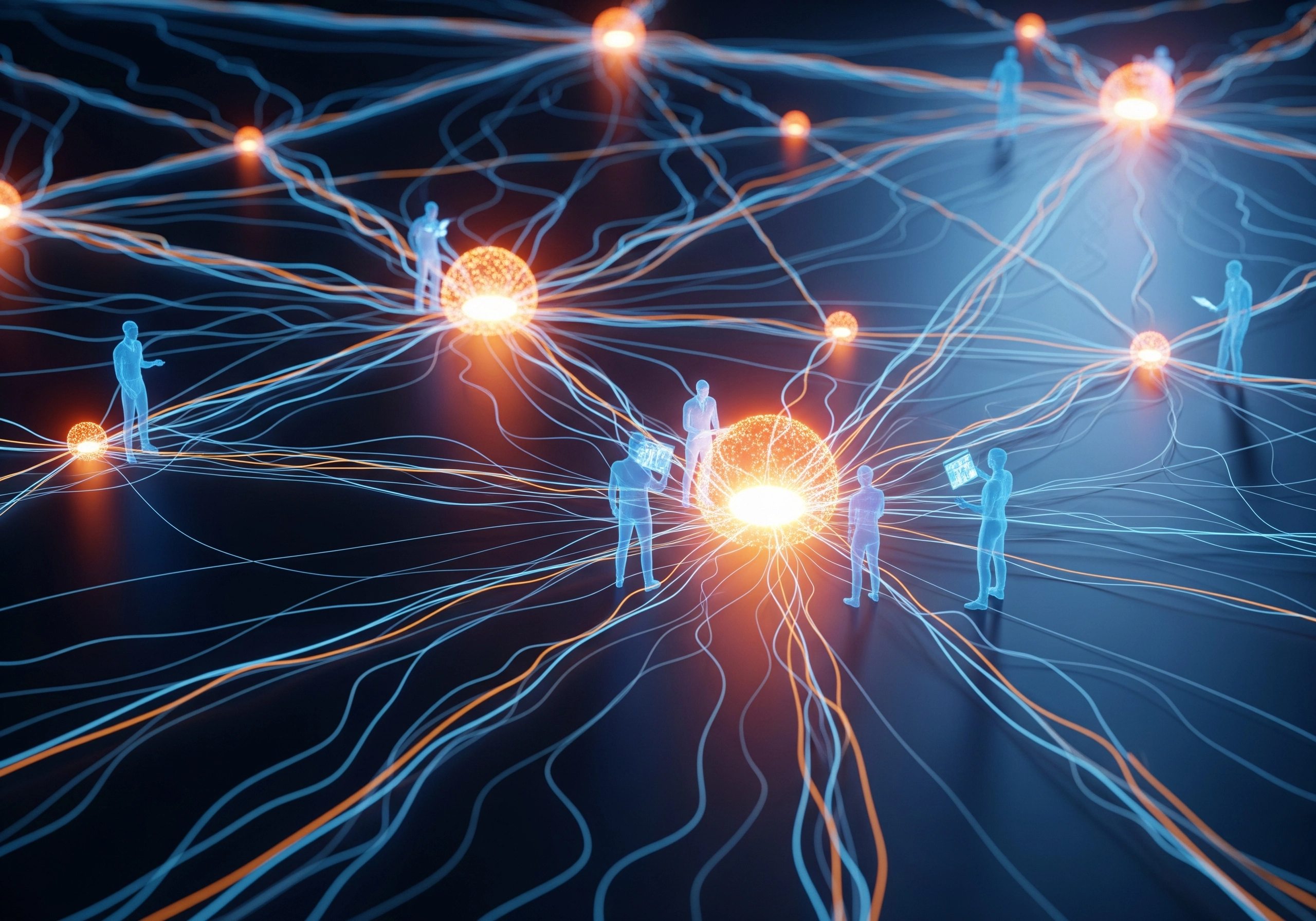 Abstract network with glowing nodes and human figures interacting with data.