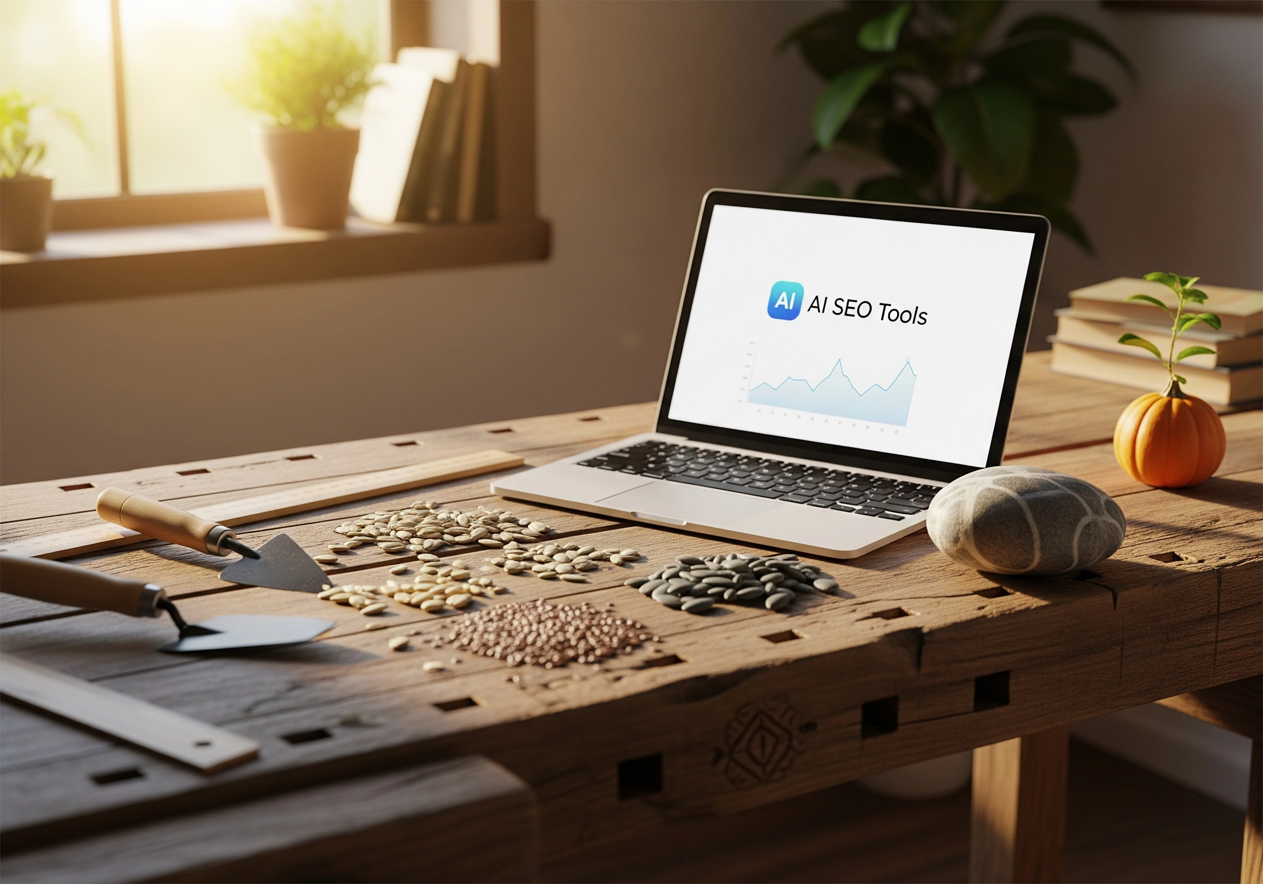 Laptop displaying AI SEO Tools graph on rustic wooden desk with seeds.