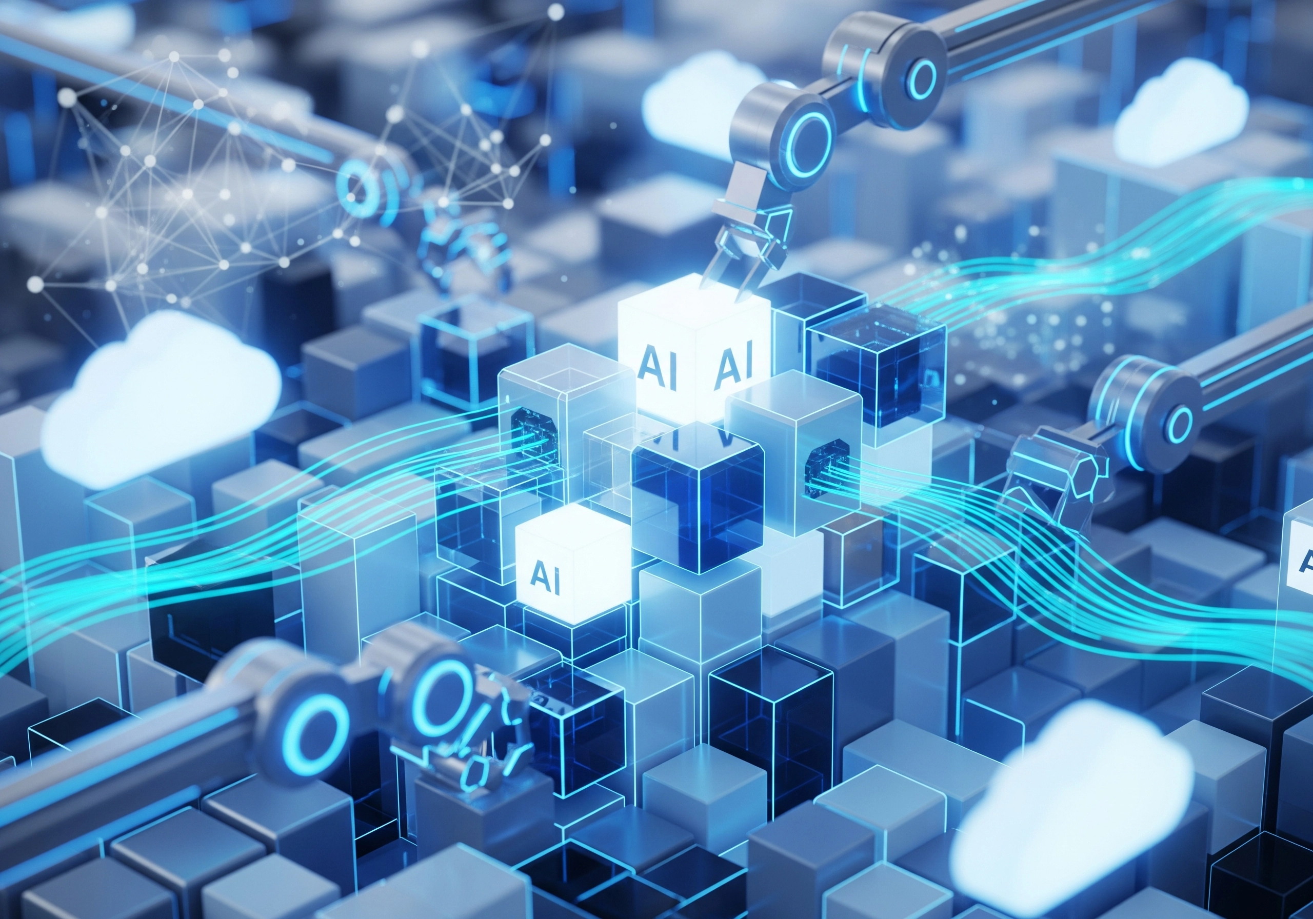 Abstract AI cubes connected by robotic arms and digital streams.