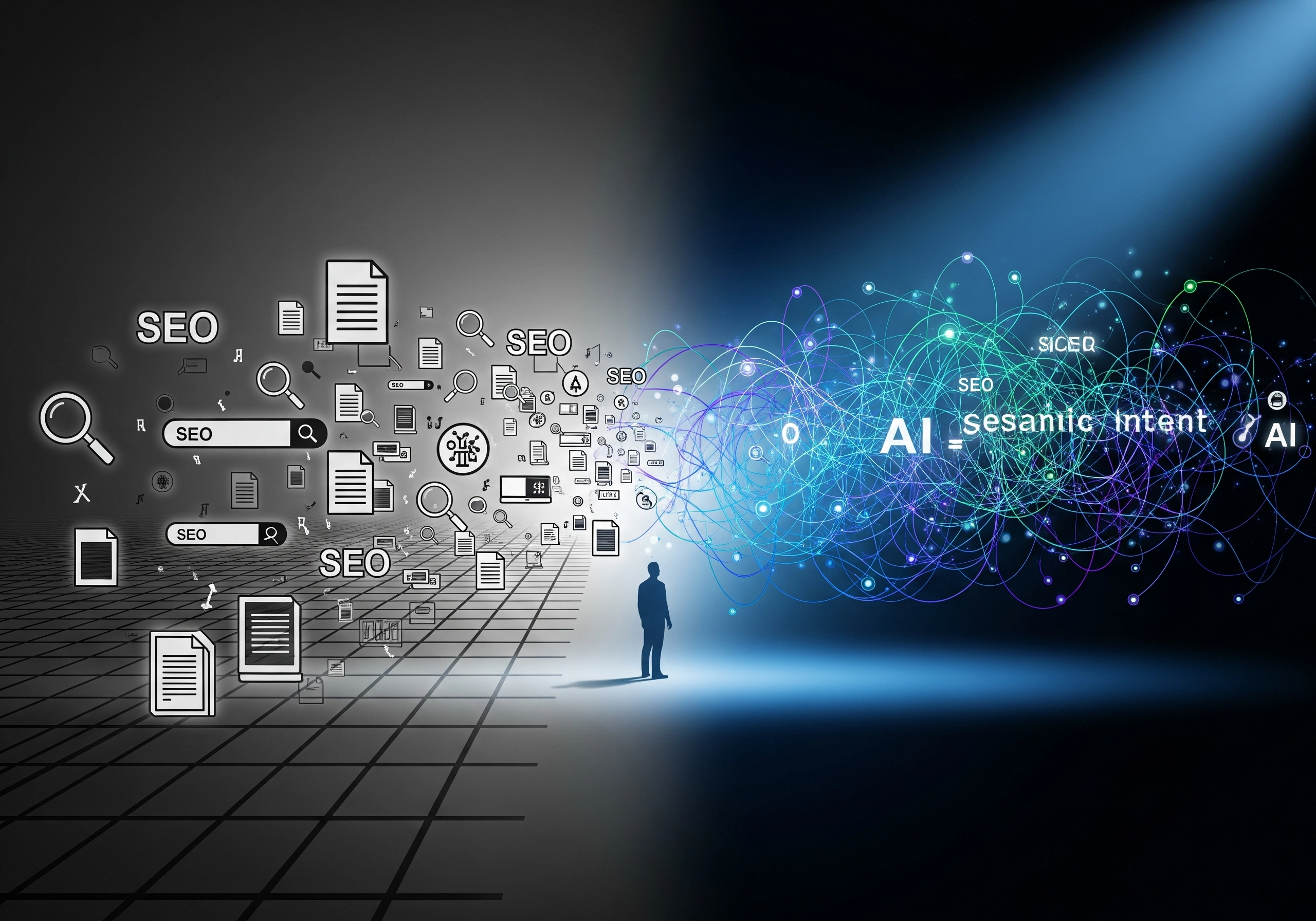 Person standing between traditional SEO and AI-powered semantic SEO.