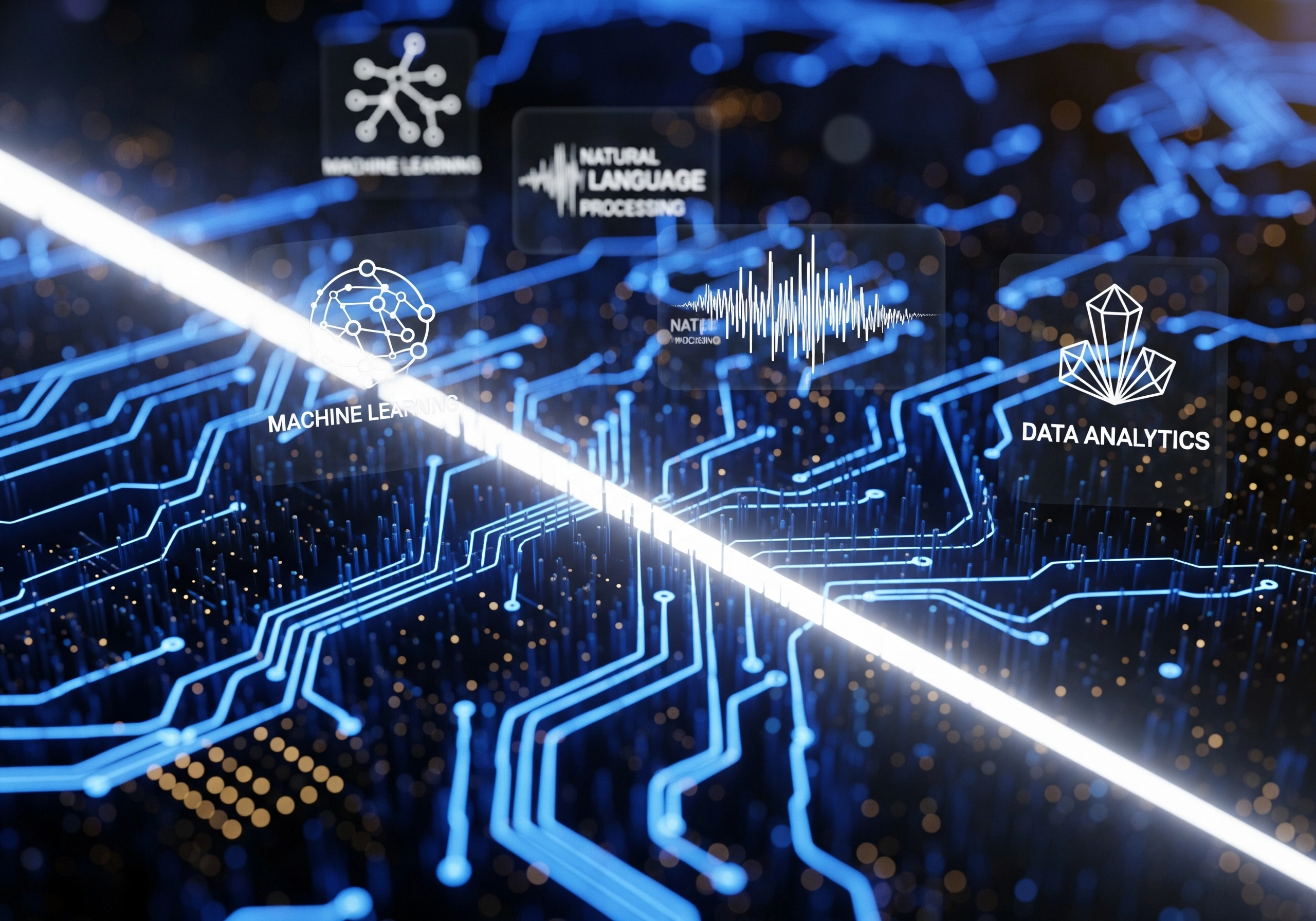 Close-up of circuit board with machine learning and data analytics icons.