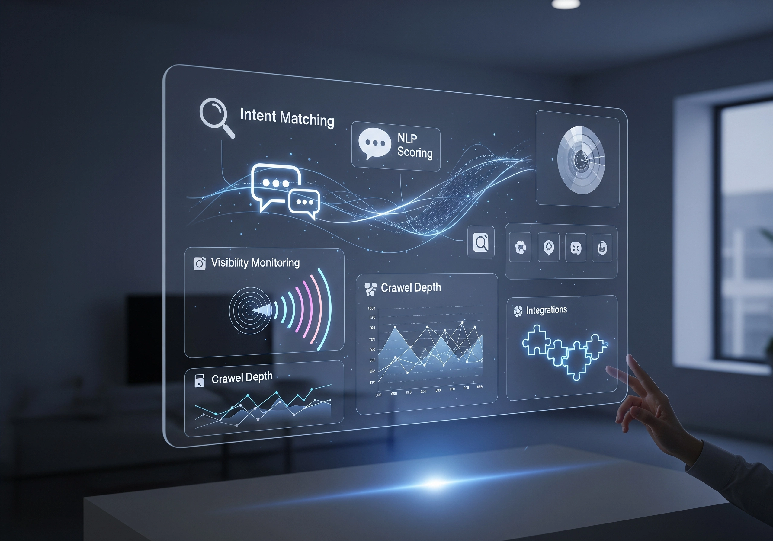 Hand interacting with a transparent AI SEO tool interface dashboard.