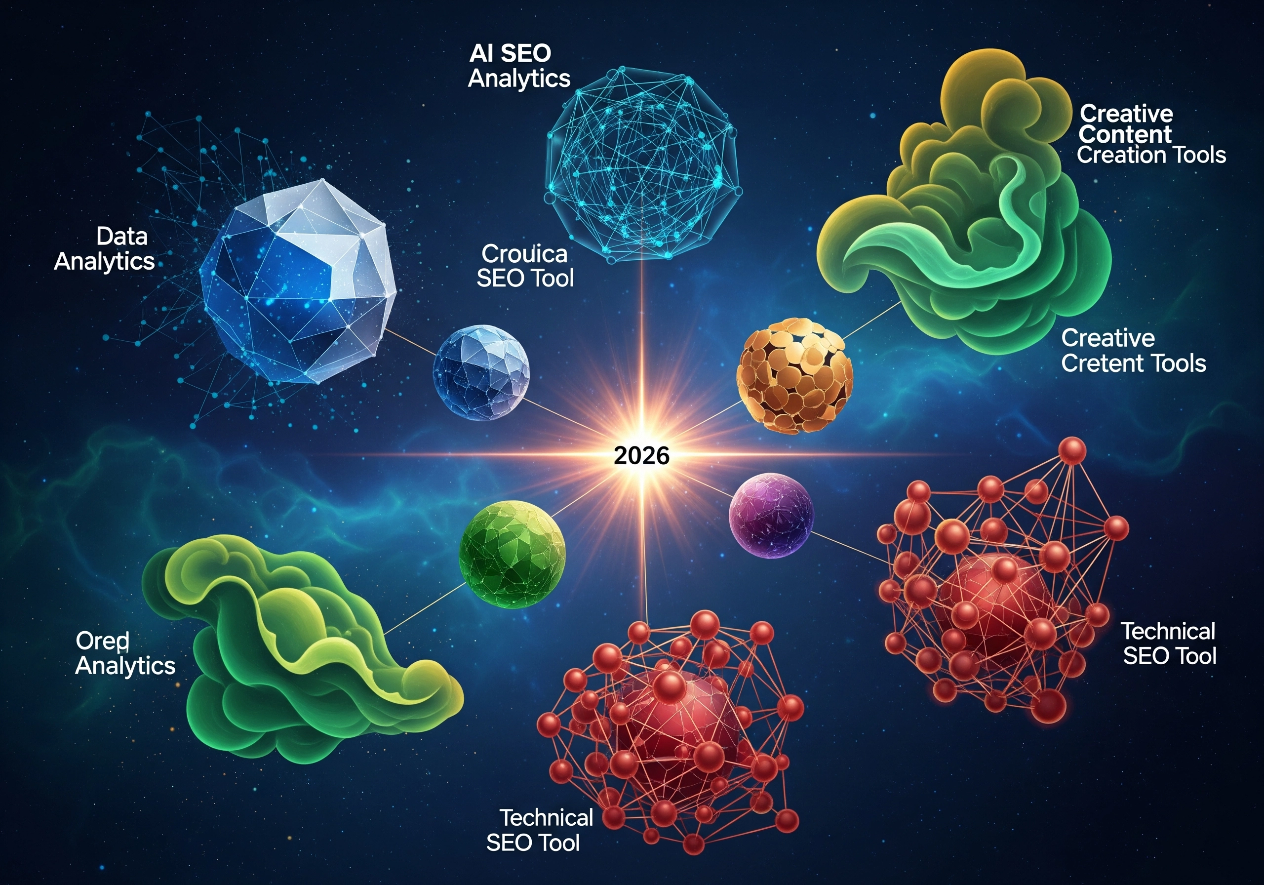 AI SEO Tools visualization: spheres representing analytics, content creation, and technical SEO.