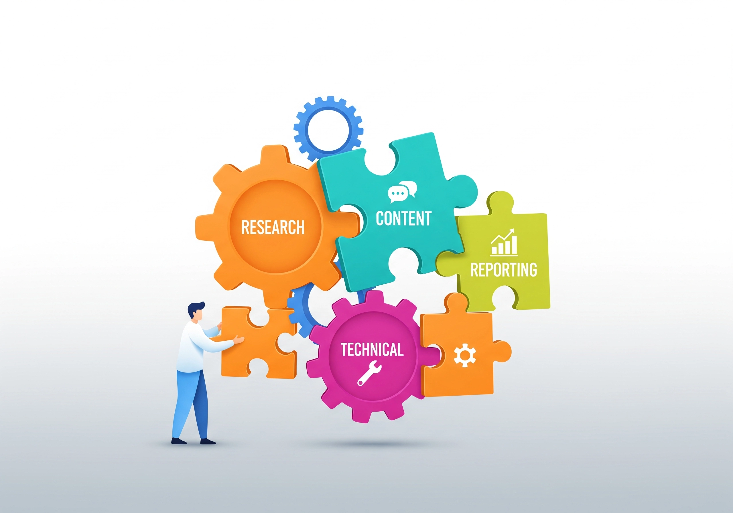 Puzzle pieces as gears showing SEO areas: research, content, technical, and reporting.