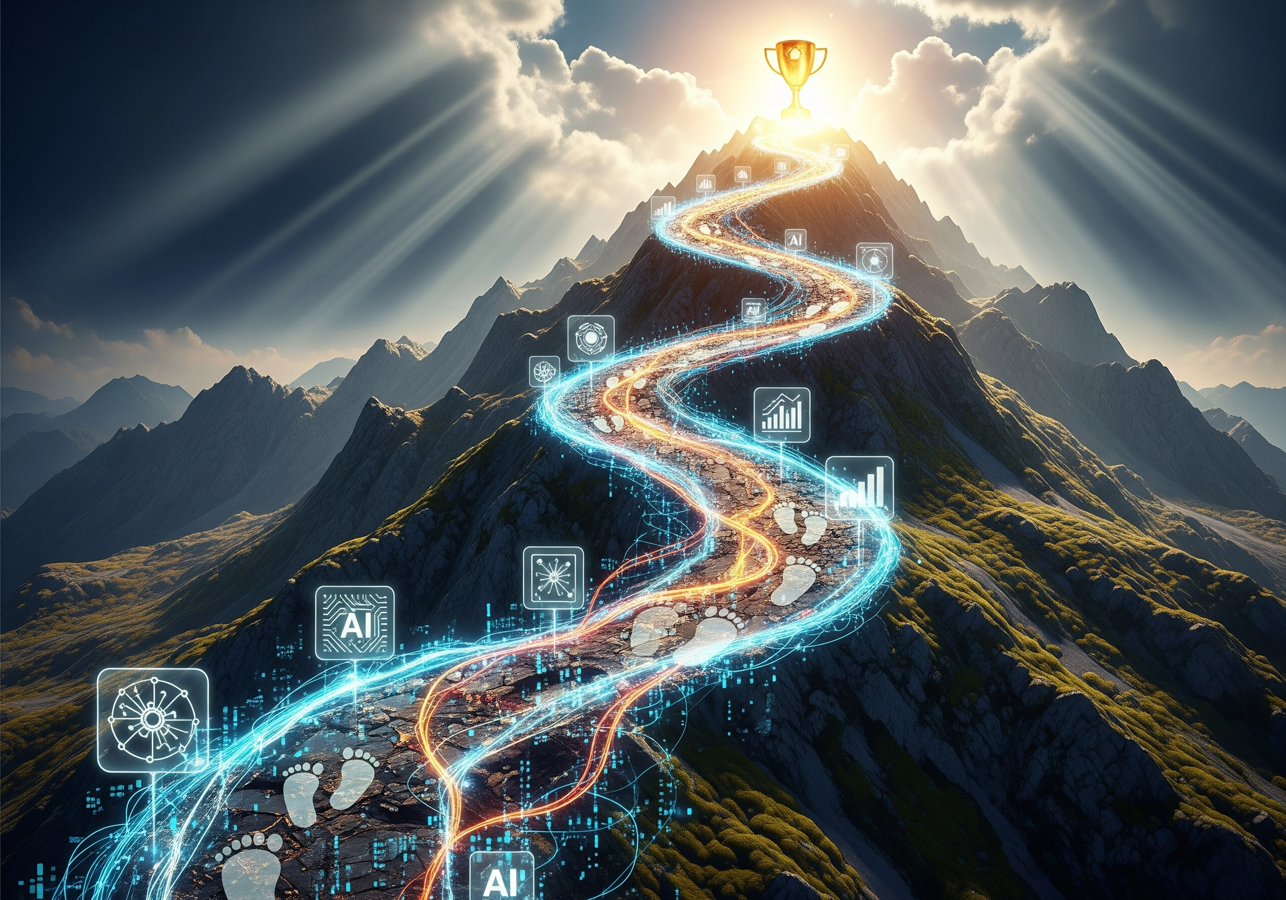 AI SEO success path: mountain road with trophy and AI icons leading to the top.