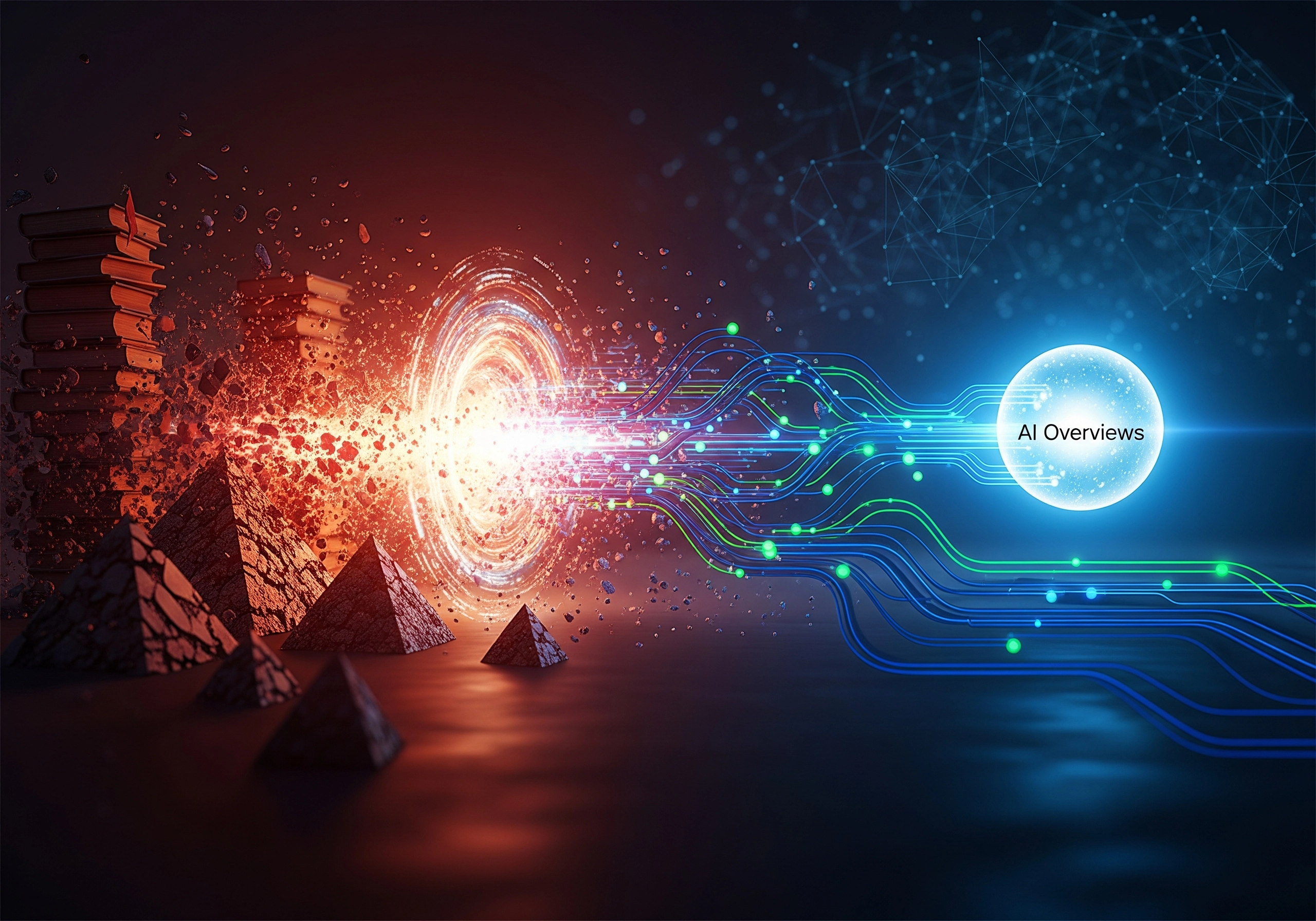 Conceptual image depicting data transformation into AI overviews, representing online AI SEO tools.