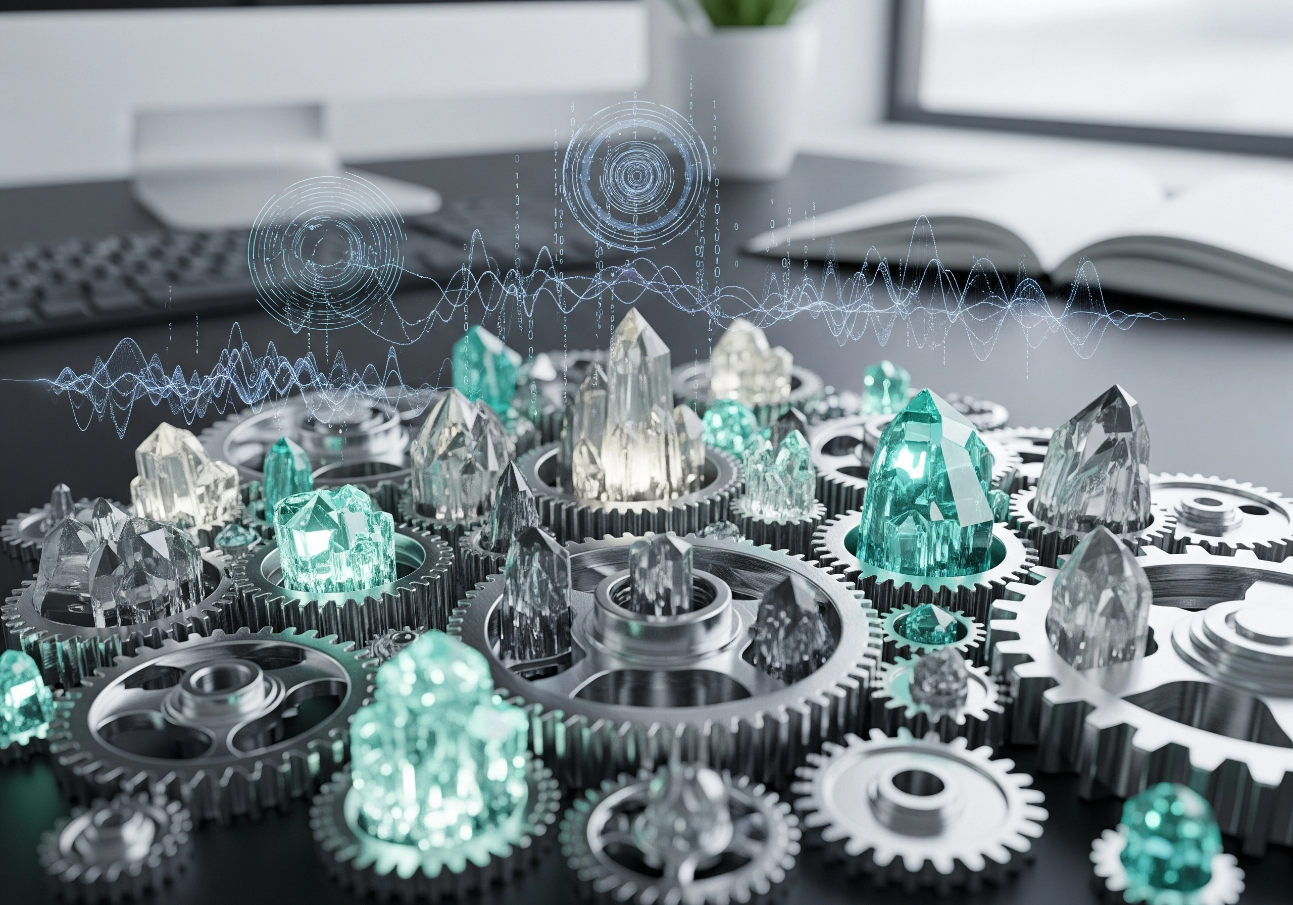 Gears and crystals with digital overlays, a visual metaphor for AI SEO tool technology.