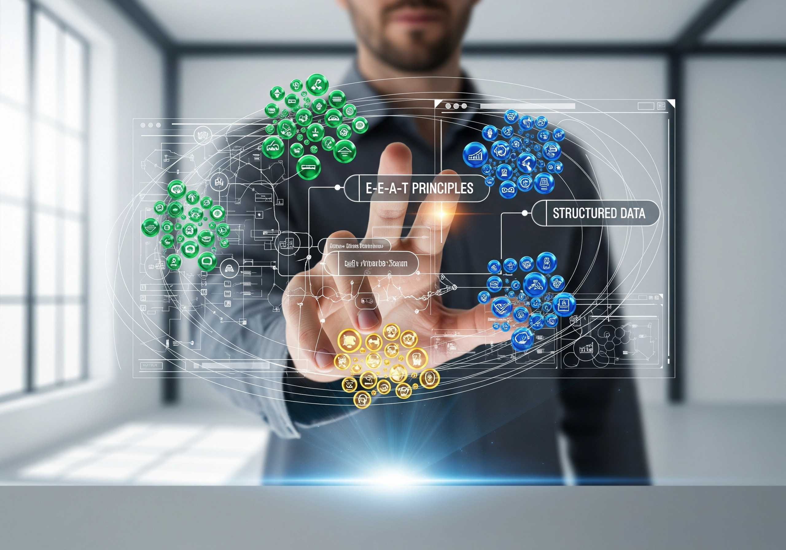 Man interacting with holographic E-E-A-T principles interface, illustrating SEO AI tools.