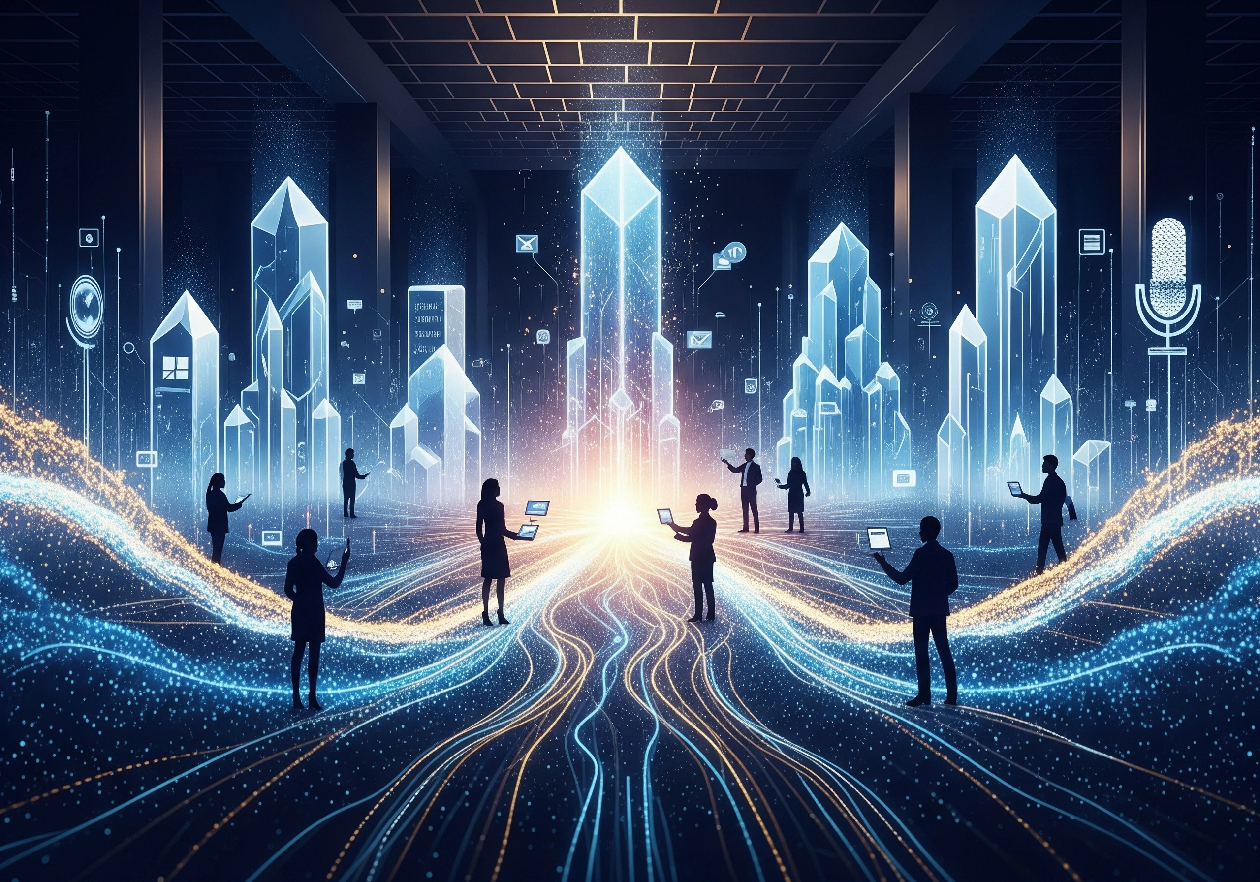 Silhouetted figures using laptops amidst crystal structures, representing AI SEO tools 2026.