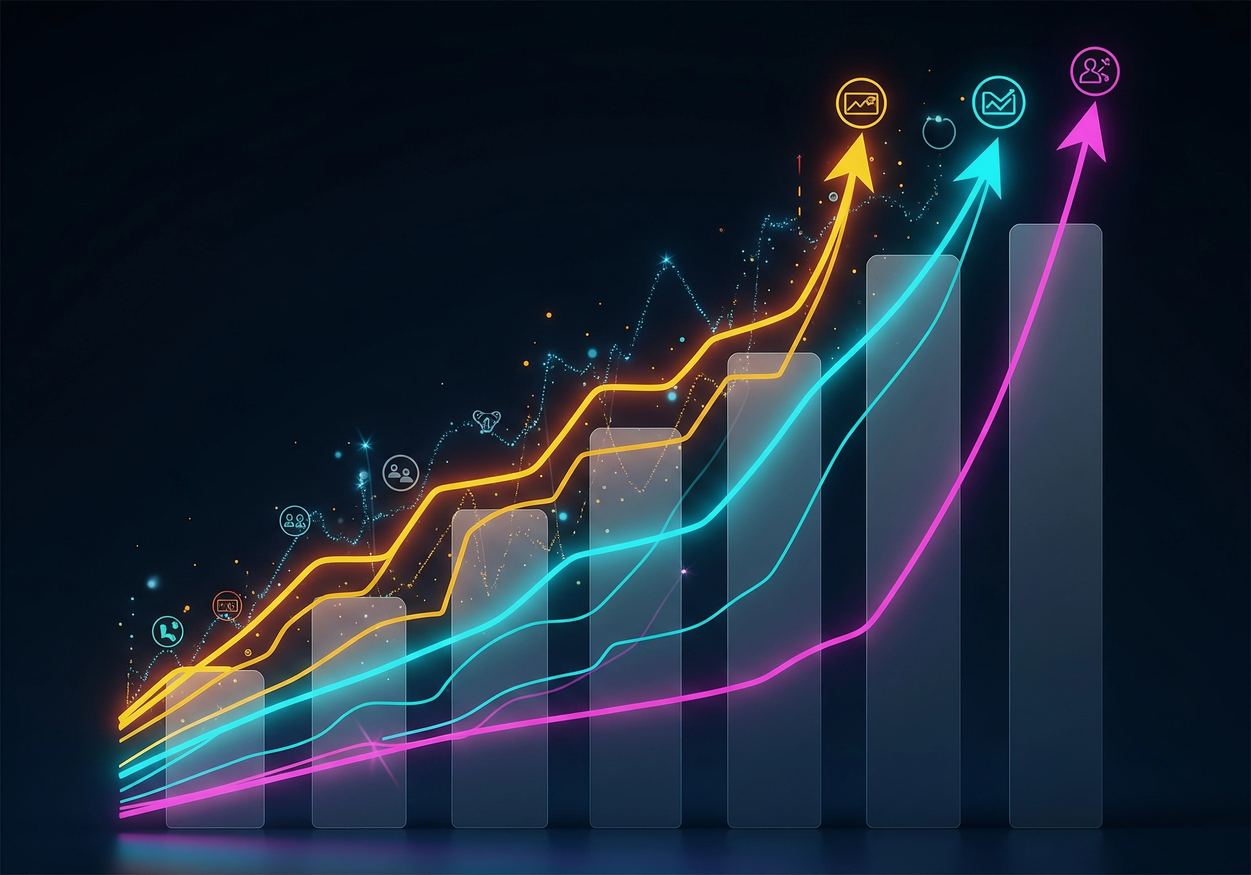 Rising graph lines in yellow, cyan, and magenta, illustrating website growth and AI SEO.