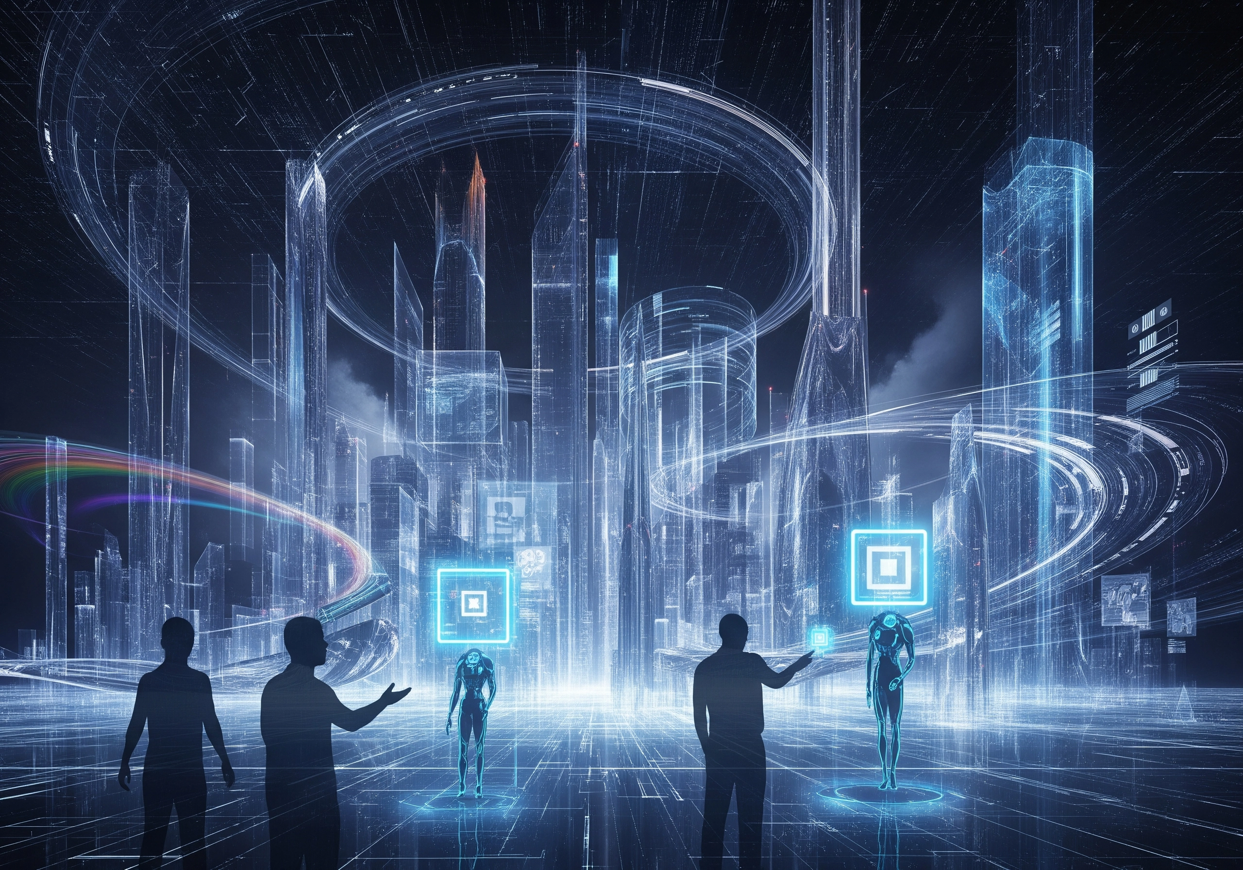 Futuristic city with holographic figures, symbolizing online AI SEO tools and innovation.